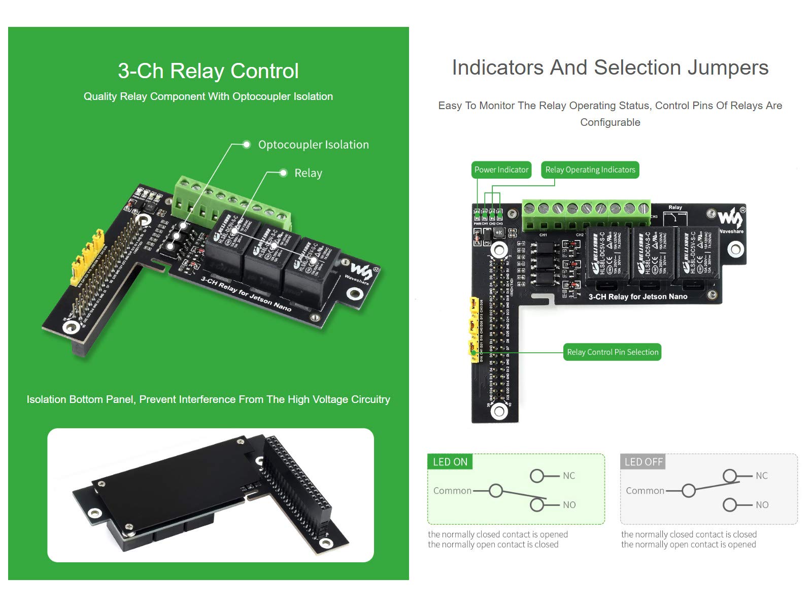 Waveshare 3-Ch Relay Expansion Board Designed for Jetson Nano Optocoupler Isolation