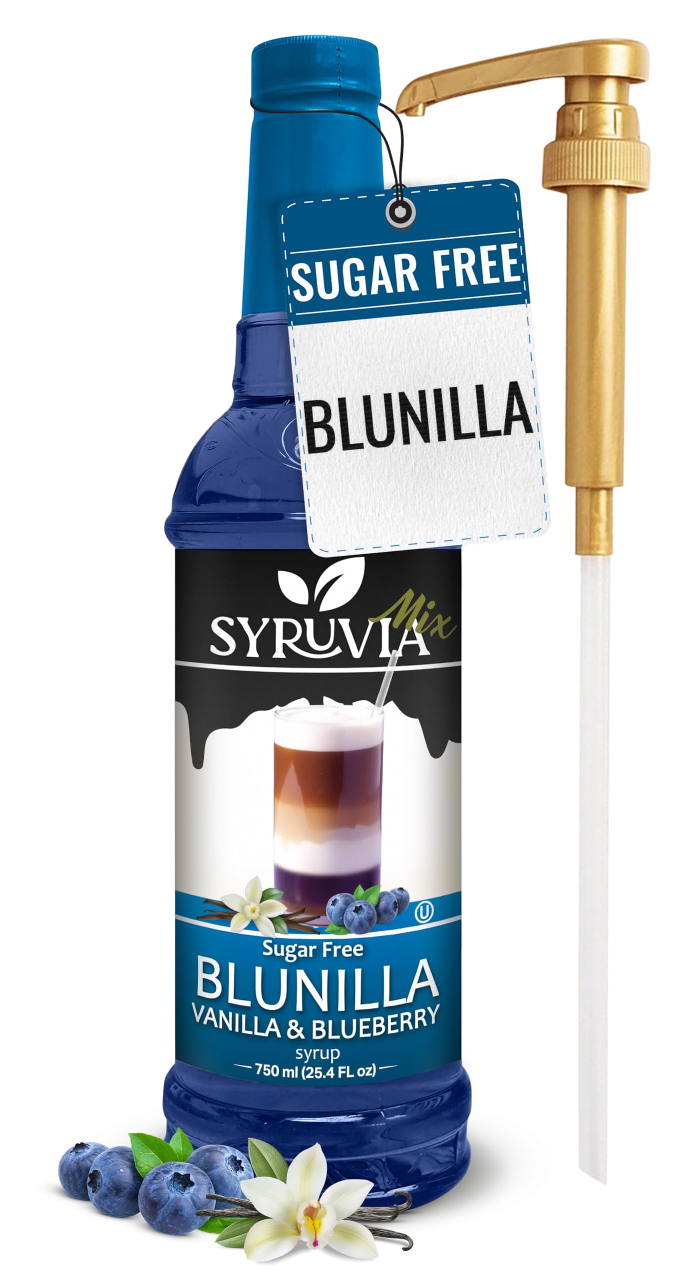 Syruvia Sugar Free BLUNILLA Coffee Syrup Vanilla Blueberry - 25.4 fl oz Premium Coffee Flavoring Syrup - 0 Calorie- Kosher Coffee Syrups, Gluten Free With Pump