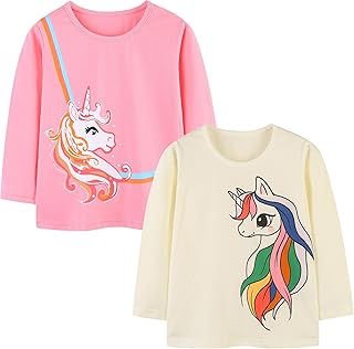 Pilipulu Girls' Long-Sleeved Cotton Long Sleeve Unicorn Bunny Crew Neck Long Sleeve Tops Pack of 2 for Children 3-8 Years Size 98 104 110 116 122 128