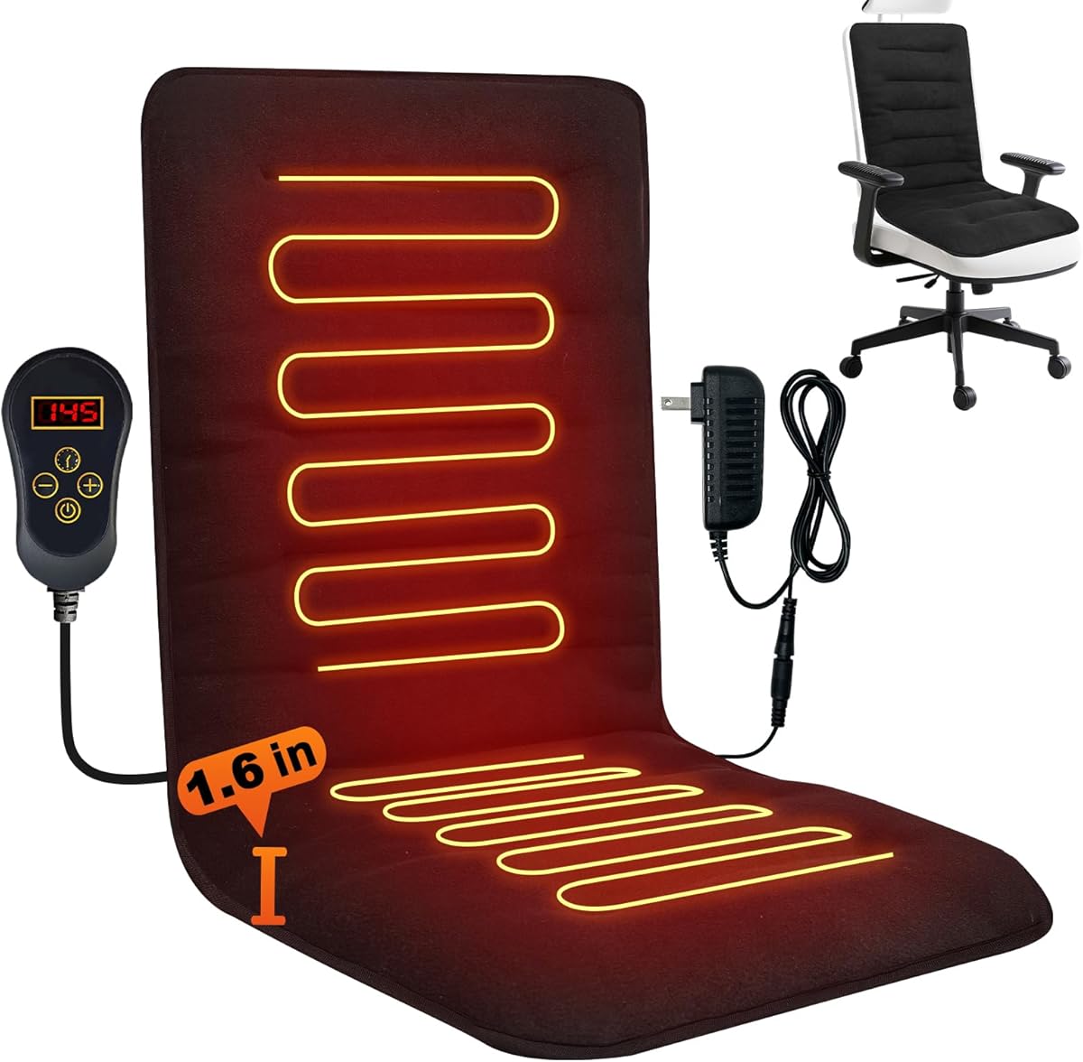 Heated Seat Cushion for Office - 12V Chair Heating Pad - Thick Seat Warmer wiht 7 Temp Levels & 12H Timer- Fast Heated Cover for Back,Hips Etc.Gift Packaging（Black）