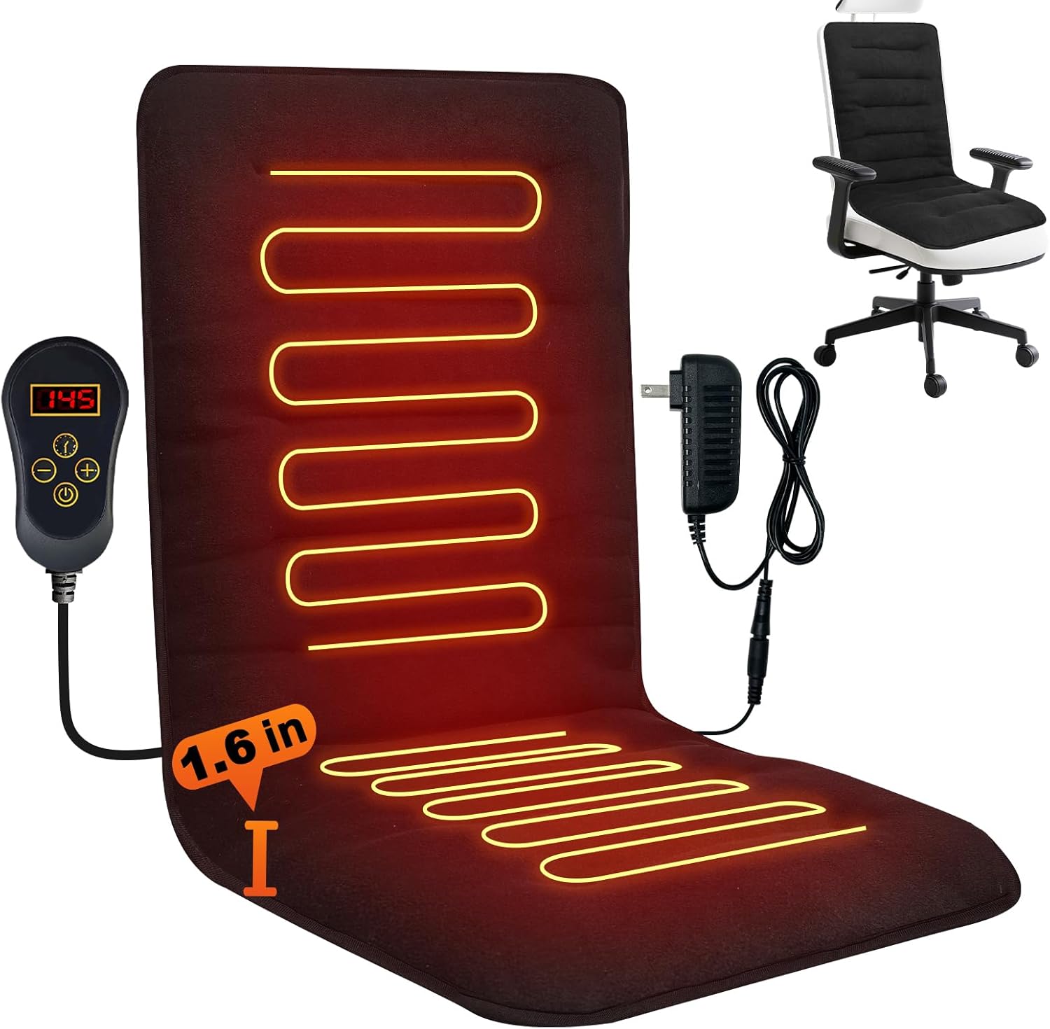 Heated Seat Cushion for Office - 12V Chair Heating Pad - Thick Seat Warmer wiht 7 Temp Levels & 12H Timer- Fast Heated Cover for Back,Hips Etc.Gift Packaging（Black）