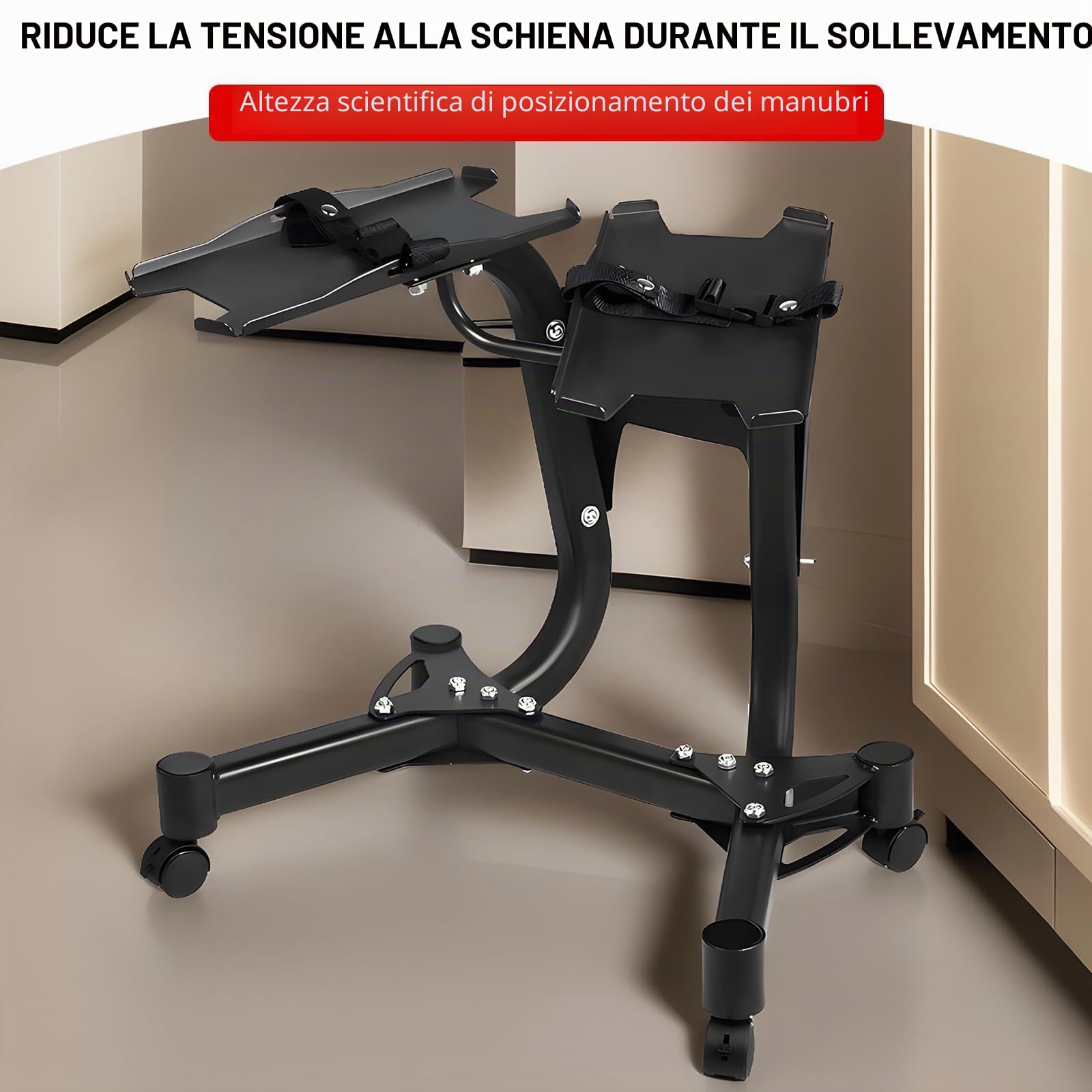 Portapacchi da 154,2 kg, supporto regolabile per manubri da 154,2 kg, supporto standard in metallo con quattro ruote per uso domestico e palestra.