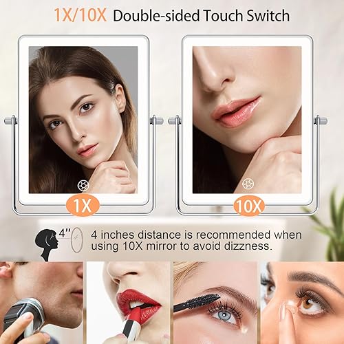 Miniatura 4 de FASCINATE Espejo de maquillaje recargable montado en la pared, espejo de baño rectangular de 8.7 pulgadas de doble cara 1X 10X aumento, ajuste de 3