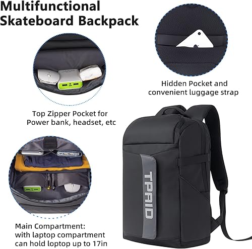 Miniatura 5 de TPAID Mochilas de patineta con correa de hombro ajustable, mochila para laptop para hombres y mujeres, bolsas de transporte de patín de tendencia