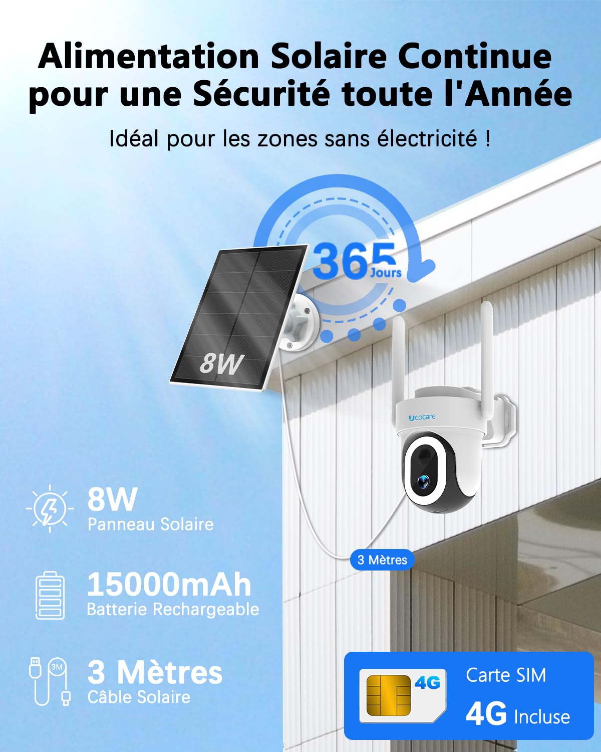 UCOCARE 4G LTE Camera Surveillance Solaire Exterieure sans Fil