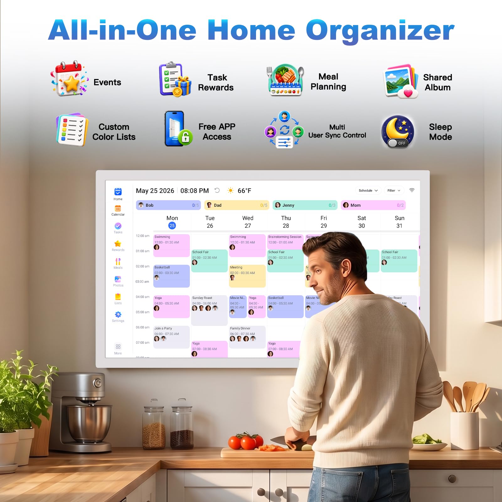 Digitaler Kalender, digitaler Rahmen für Wandplaner, 1080P, interaktives Touchscreen-Display, elektronischer Kalender, Sternbelohnung, Google iCloud Outlook-Kalender, Wand- und Schreibtischmontage