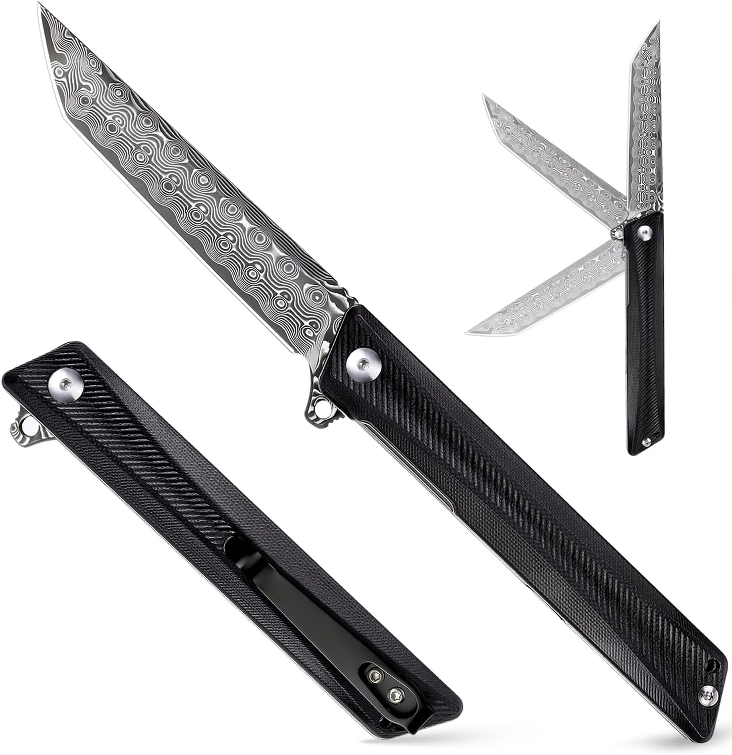 Damascus Pocket Knife GD22K, Flipper Open Tanto Blade Damascus Steel Folding Pocket Knives with Pocket Clip, G10 Handle, Men Women Sharp EDC Pocket Knife Camping Hiking Gift