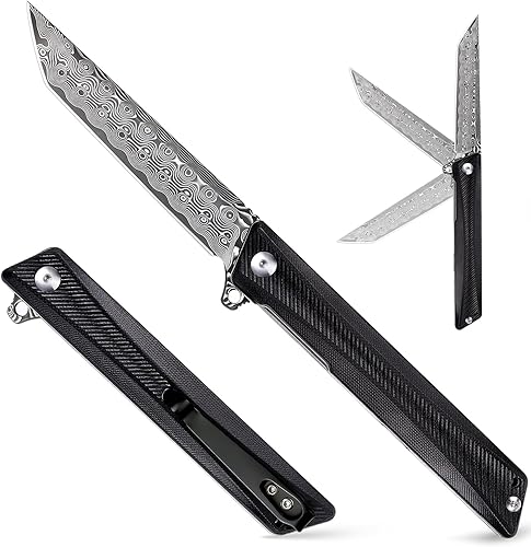 Vista 31 de REMETTE Cuchillo de bolsillo GD22K, Flipper Open D2 Steel Tanto plegable con mango G10 duradero, cuchillo EDC de transporte diario para hombres