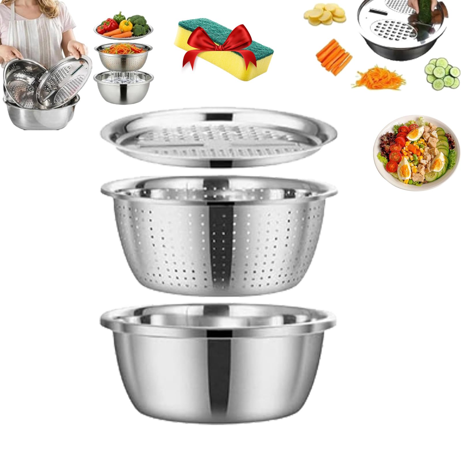Fast Prep Slicer Bowl, 3 in 1 Multipurpose Drain Basket Grater Basin Bowl, Germany Multifunctional Stainless Steel Basin Strainer, Perfect for Easy Salad Prep, Veggie Washing & Food Storage (24CM)