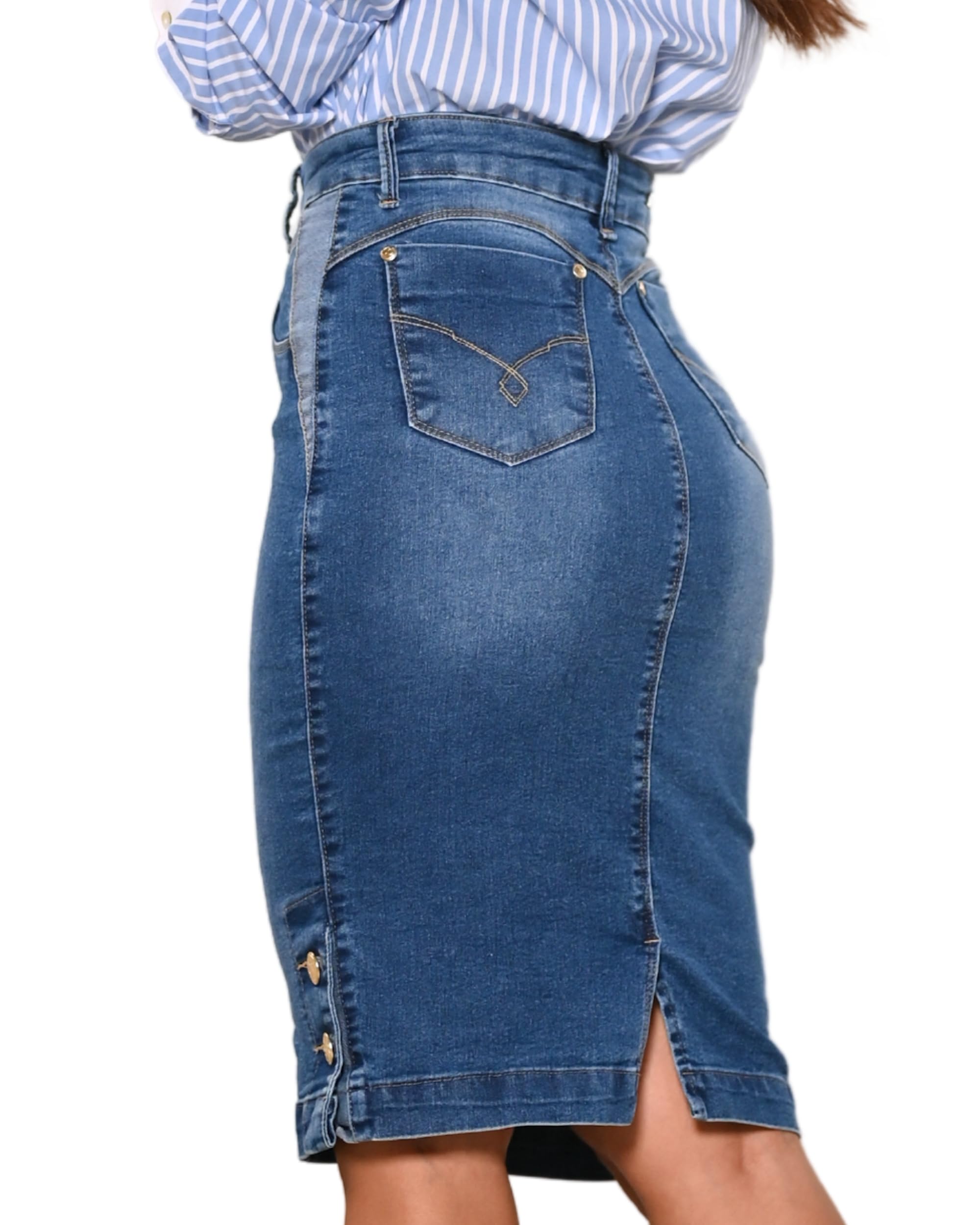Gerader knielanger Stretch-Jeansrock für Damen, Größe 0–22, normale und Übergröße, seitliche Knopfdetails