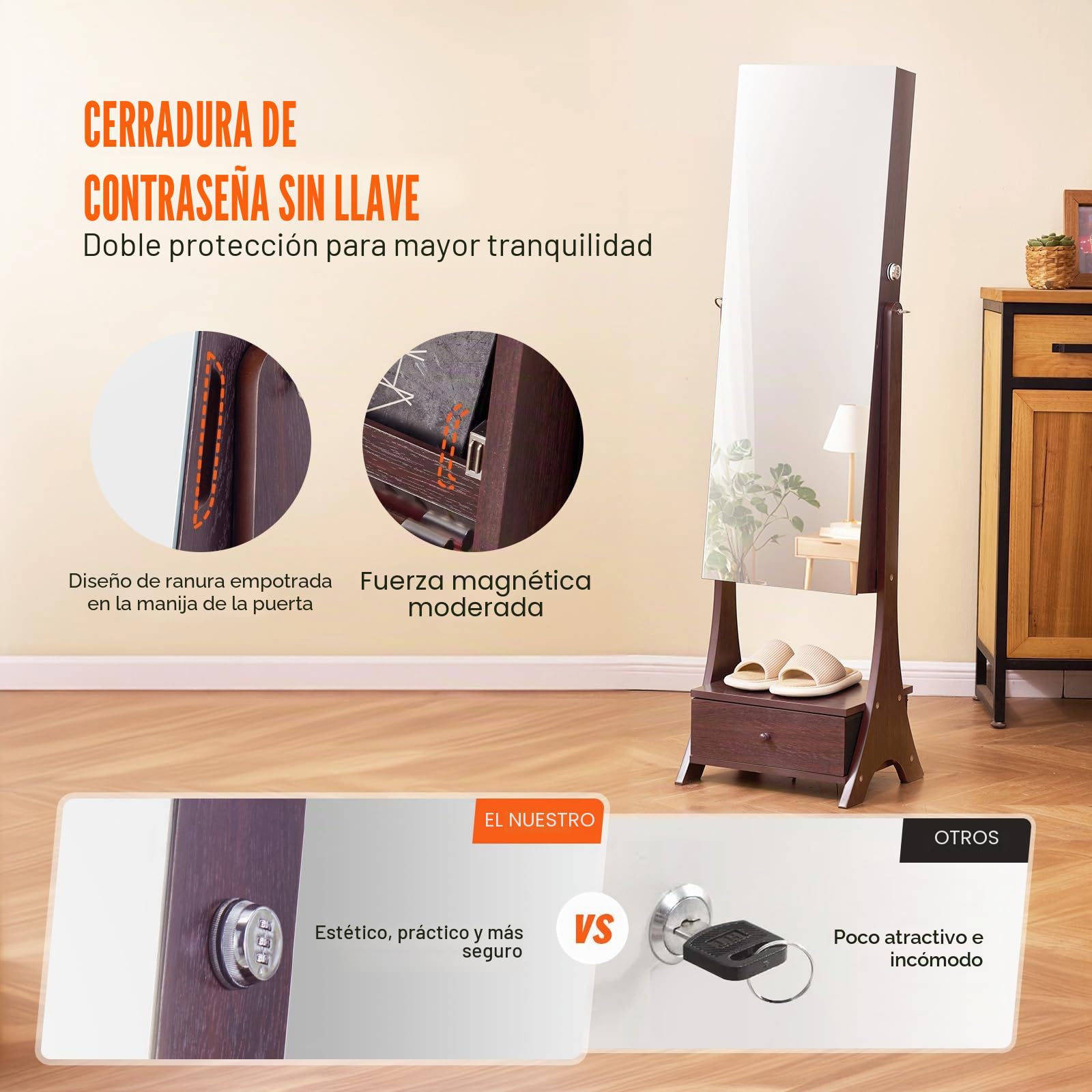 VEVOR Armario para Joyas de 41 x 36 x 157 cm con Espejo, Organizador de Espejos de Joyas con Cerradura y Espejo de Cuerpo Entero, Forro de Terciopelo, Luz LED, Cajón para Joyas, valores, Marrón