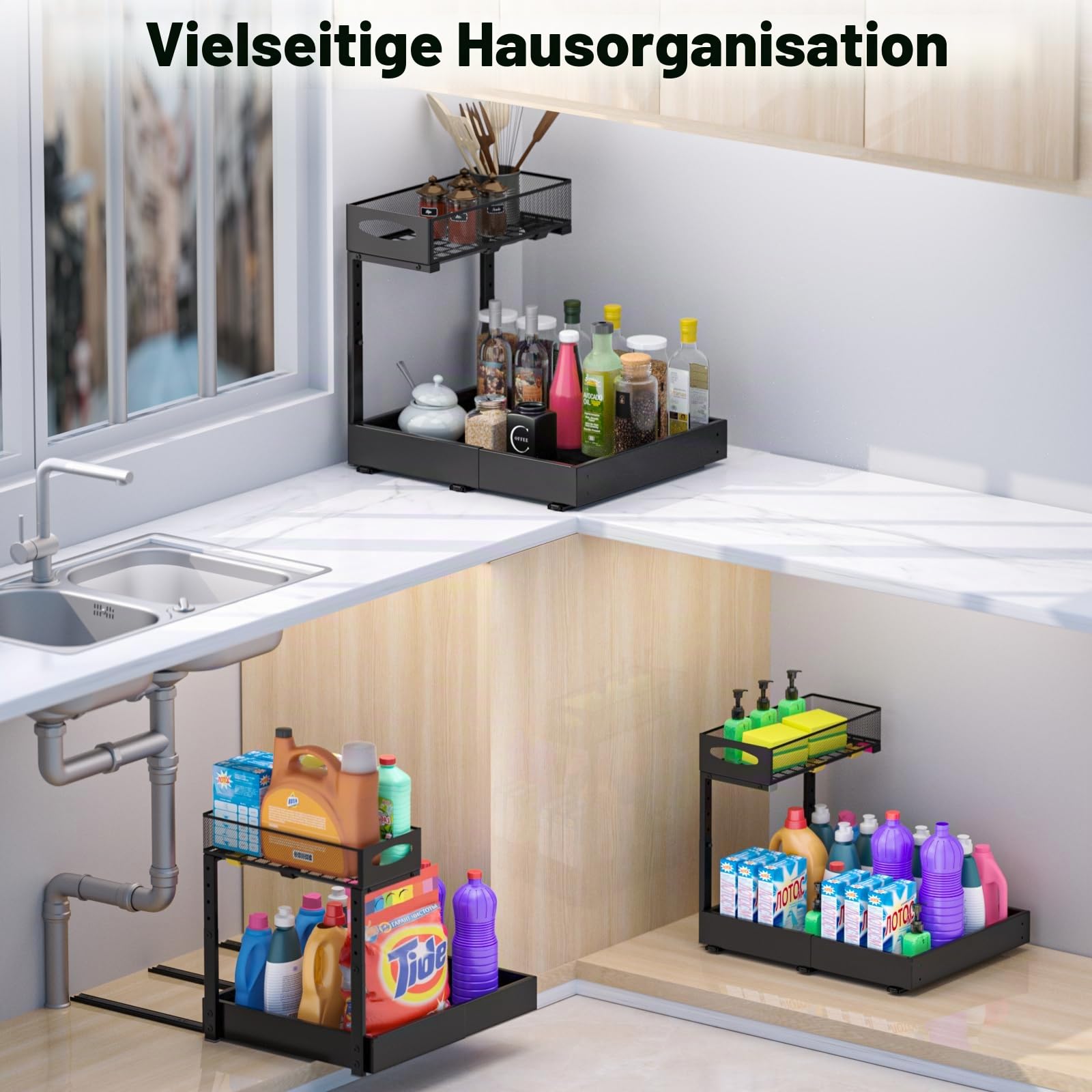Housolution Unter Waschbecken Spüle Organizer Unterschrank Regal | Breite von 35 bis 50 cm Erweiterbar, Höhe von 34 bis 45 cm Verstellbar, 2-stöckiges Design