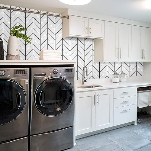 LXCREAT Papel pintado negro y blanco para pelar y pegar para lavandería, papel de contacto removible con rayas, 17.71" X 196", papel pintado