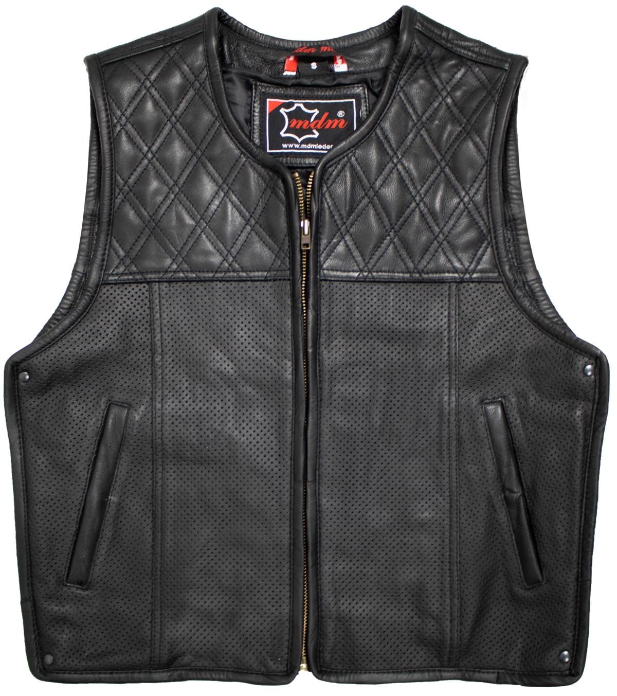 MDM Gilet pelle uomo biker in vera pelle traforata – Club Style, trapuntatura a rombi, nero, traspirante, ideale per moto e uso estivo