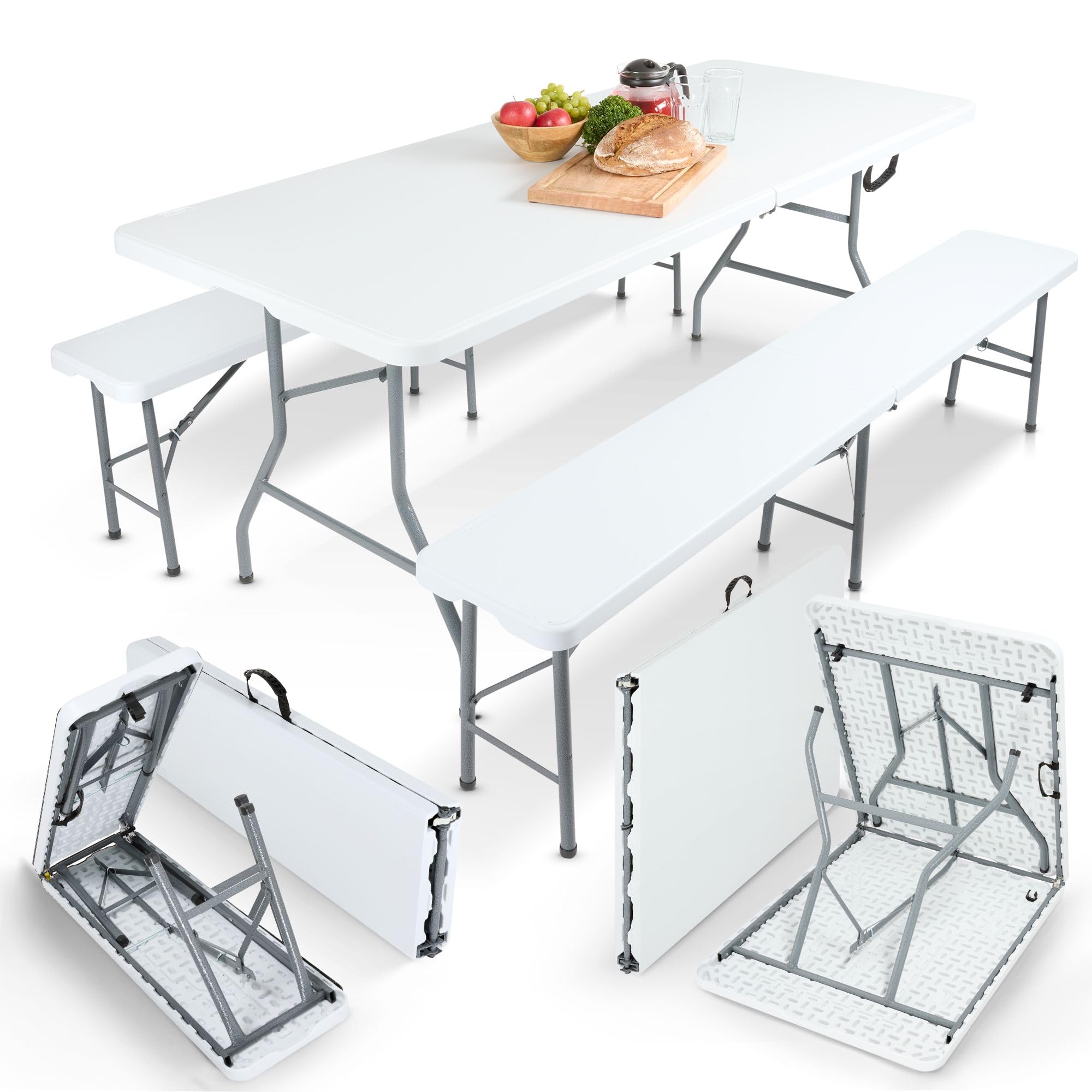 AREBOS Ensemble Table et bancs de Brasserie 3 pièces | Pliables avec poignée | pour intérieur et extérieur | Table de Camping | Blanc