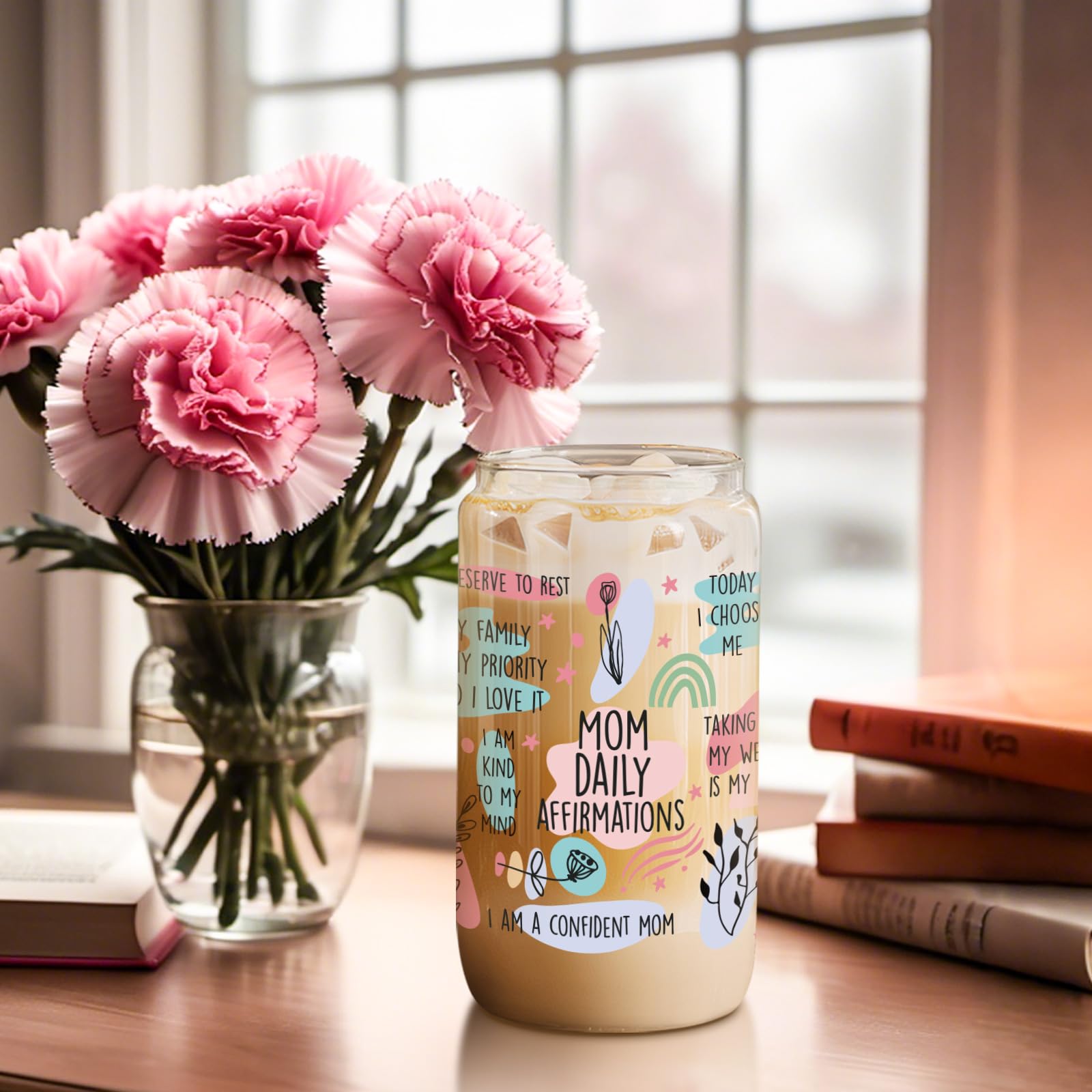 LEADO Mama Daily Affirmations Cup, Boy Mom Gifts - Funny Birthday, Inspirational, Mothers Day Gifts for Boy Mom, Mother, Girl Mama - Mommy Tumbler, 16 oz Iced Coffee Cup with Lid and Straw