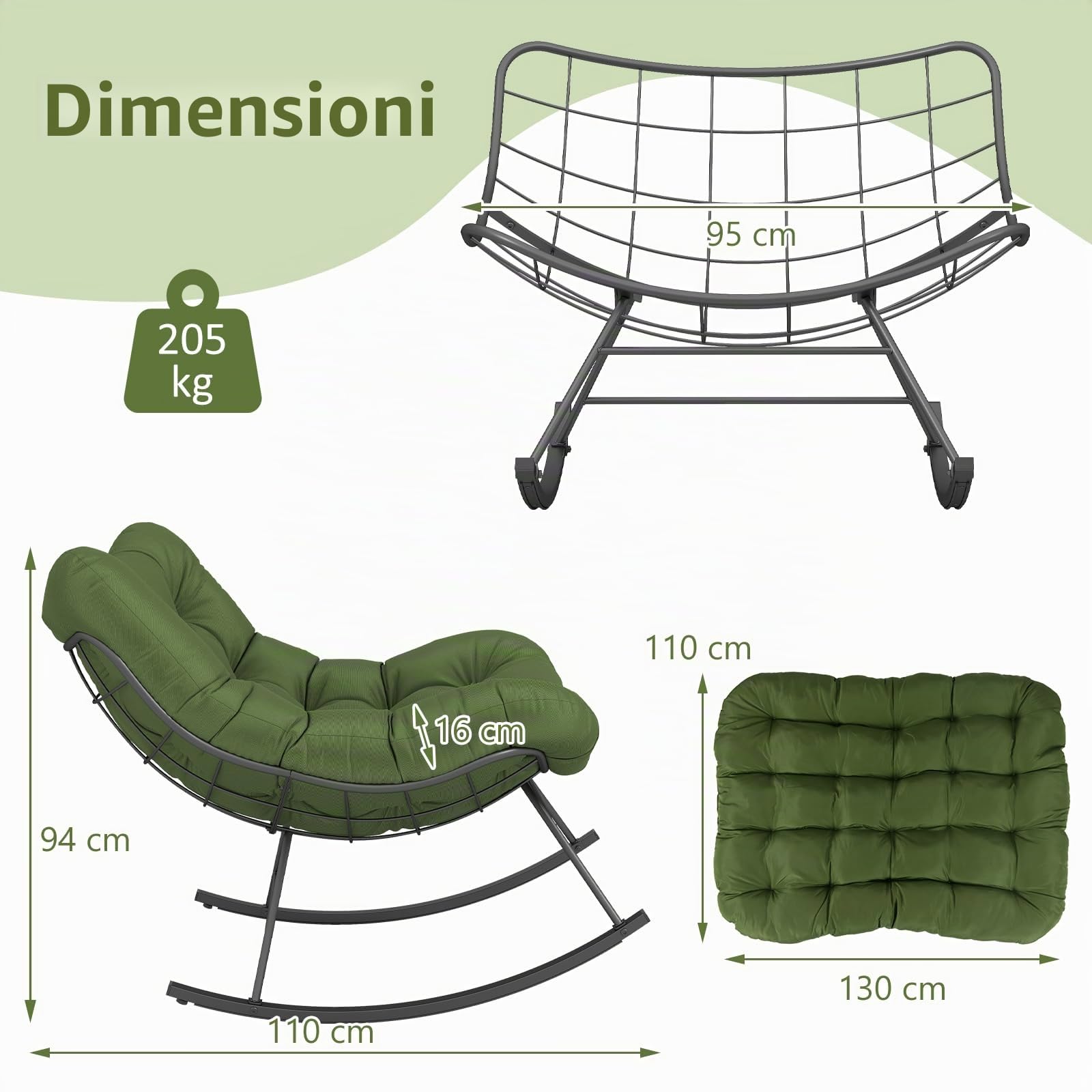 GIANTEX Sedia a dondolo Oversize, Sedia Papasan a forma di uovo con cuscino spesso, poltrona a dondolo per interni ed esterni, carico 205 kg, per giardino, terrazza, grigio (Verde)
