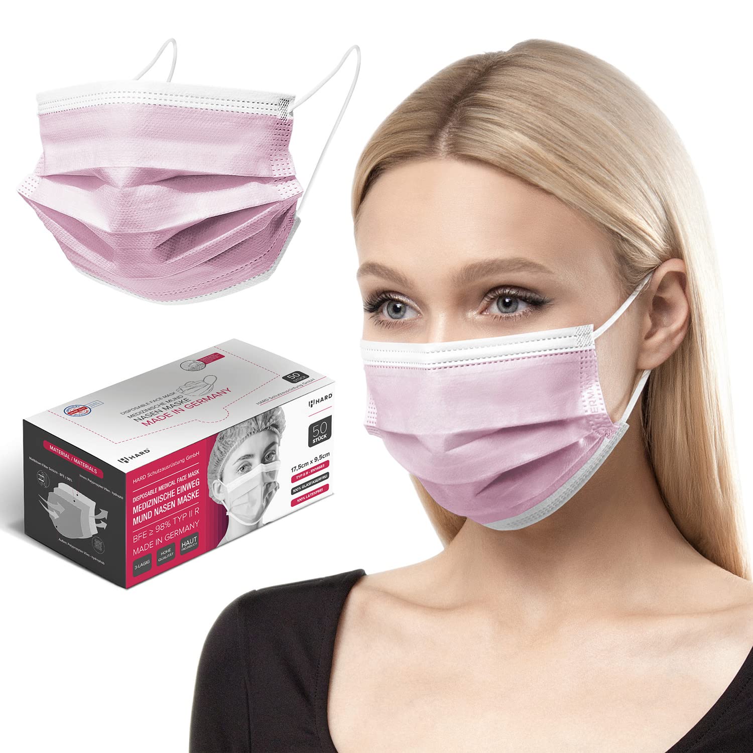HARD Medizinisch Chirurgische Maske | Made in Germany | OP Maske TYP IIR | Zertifizierte Atemschutzmaske 3-lagig | Filtereffizienz 99,78% | Atmungsaktiv & Hautfreundlich