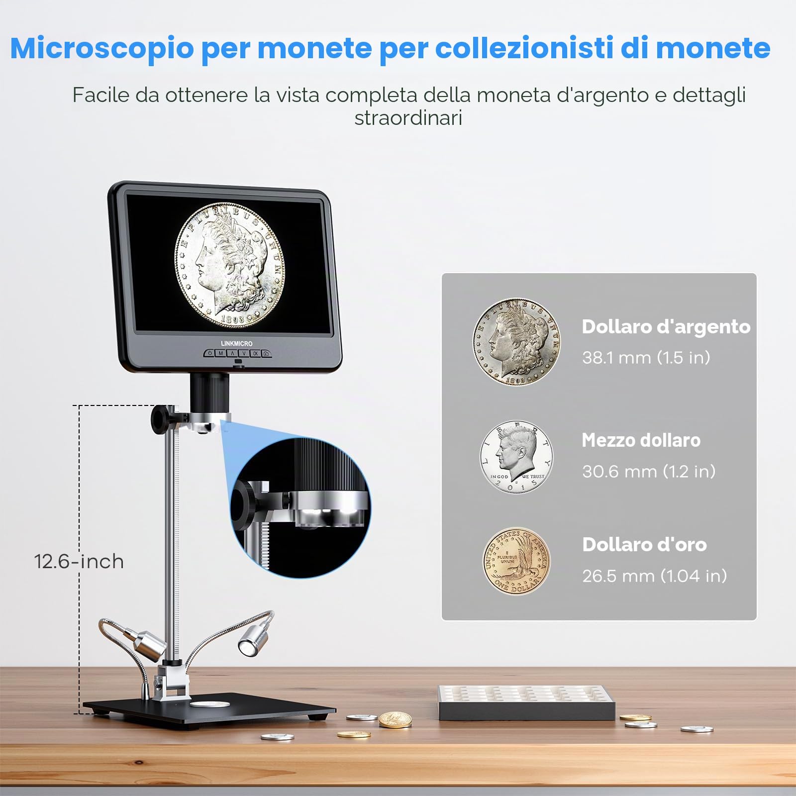 LM210 - Microscopio digitale a moneta LCD da 10,1 pollici, vista completa per monete di errore, microscopio per saldatura per riparazione elettronica, lente d'ingrandimento 260X per adulti