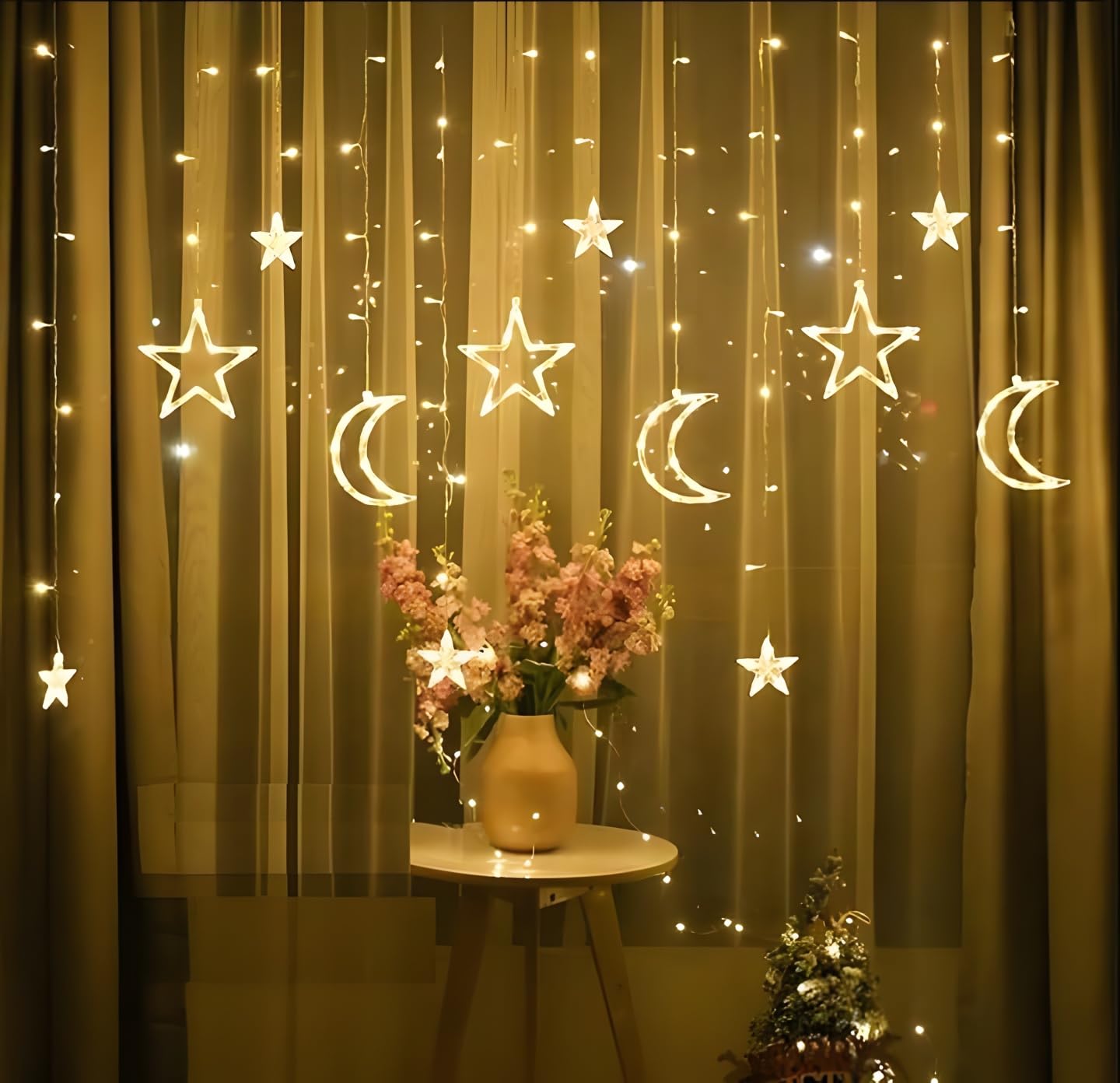 Deyaah 3.5m Star Moon Curtain String Light, LED Christmas Fairy Lights, Waterproof Hanging Window Star Moon Night Light for Ramadan, Christmas, Wedding, Party, Home, Terrace, Lawn (Warm White)