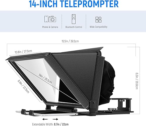 Miniatura 24 de NEEWER Teleprompter X16 con control remoto RT113 y control por aplicación, divisor de haz de 16 pulgadas, diseño plegable de aleación de aluminio