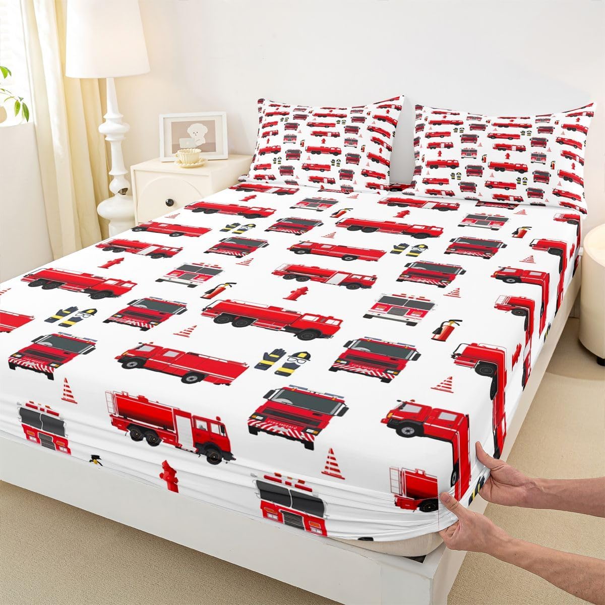 Erosebridal Fire Truck Sheet Set Full for Boys Teens Girls Firemen Car Vehicle Flat Sheet Kids Youth Firefighter Truck Fitted Sheet Red Fire Fighting Supplies Print Bed Sheet Set with 2 Pillowcases - Image 6