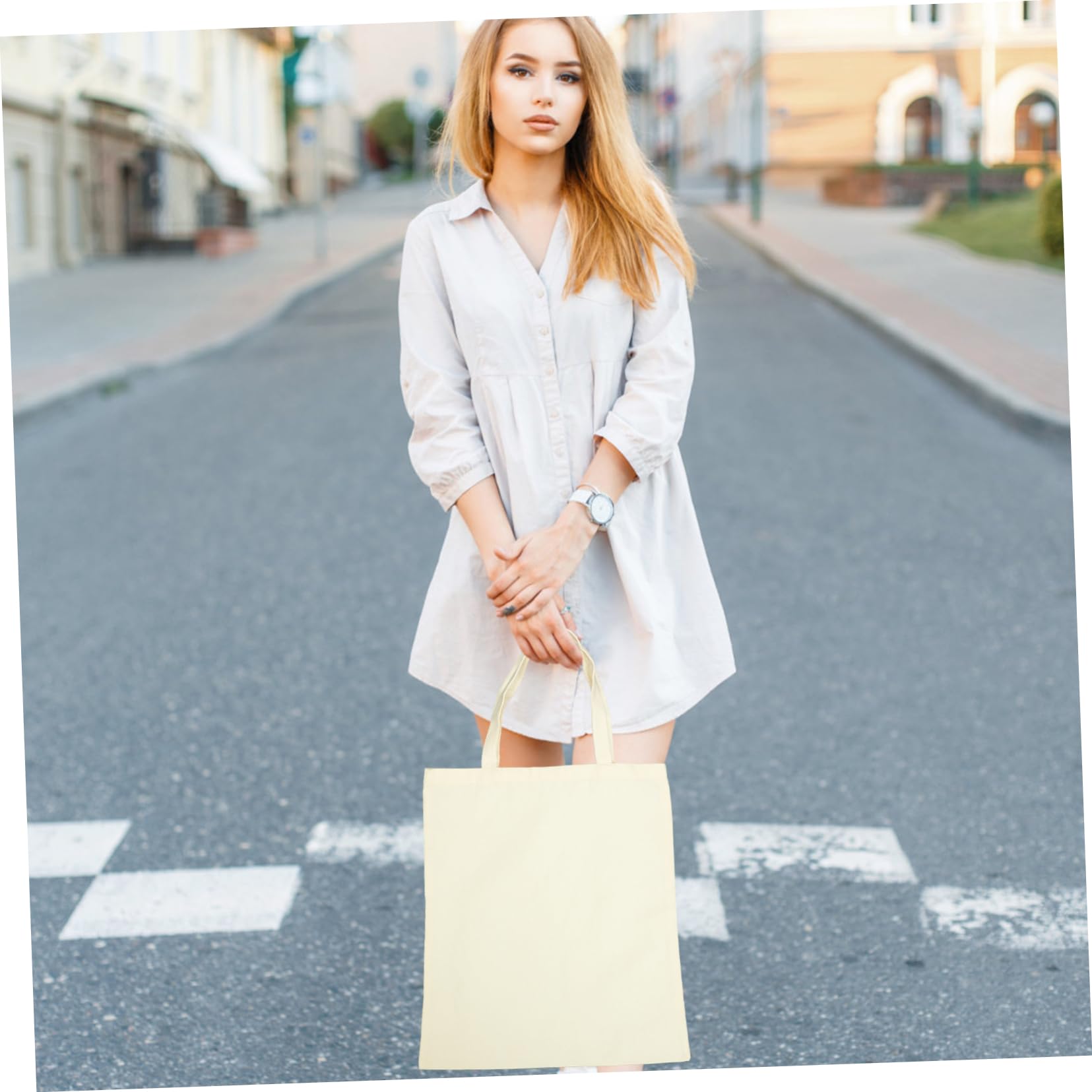 Unbedruckte Canvas Einkaufstaschen 5 Stück-pack für Damen, Beige
