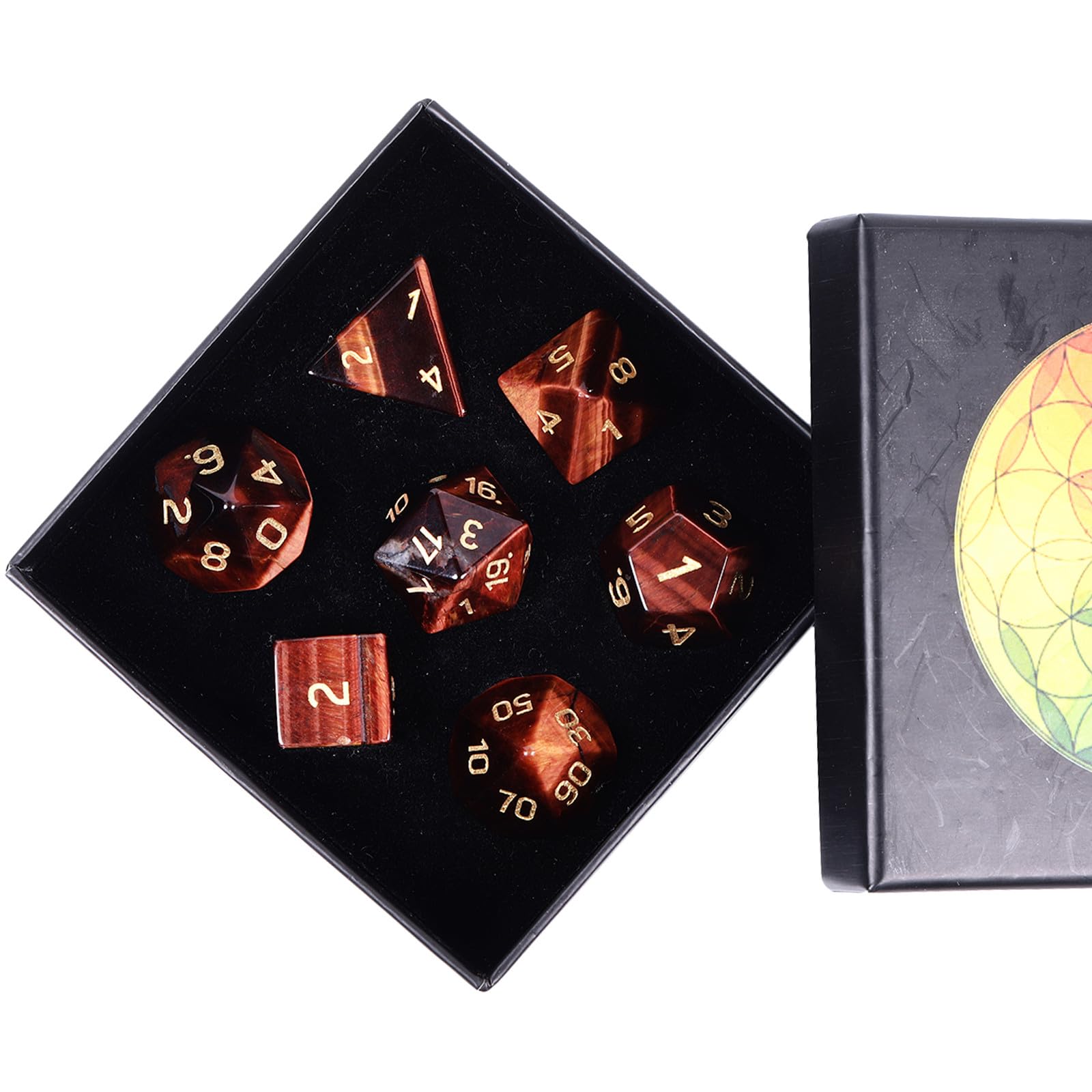 Nupuyai 7pcs Red Tiger's Eye Crystal Polyhedral DND Dice Set for RPG MTG Table Games Polished Tumbled Stones Dices with Box for Home Decor