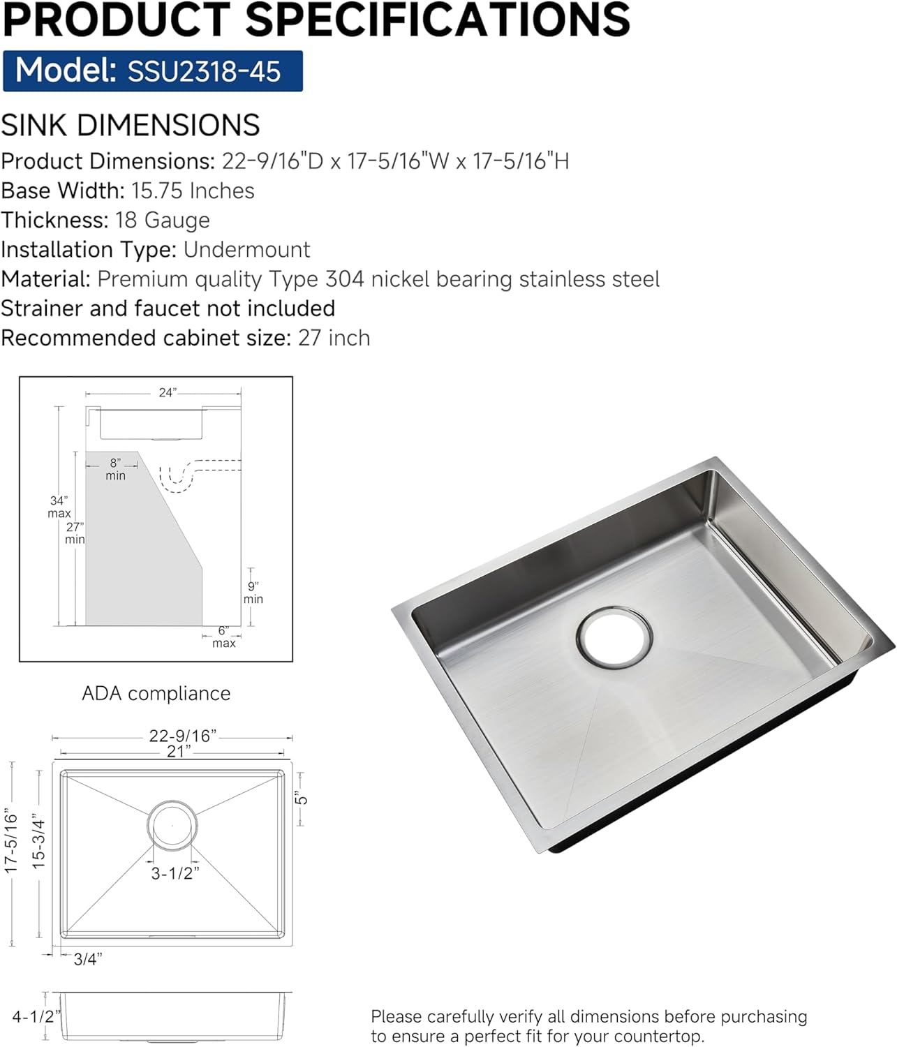 Wells Handcrafted 23-inch 18-gauge Undermount Single Bowl ADA Compliant Stainless Steel Kitchen Sink
