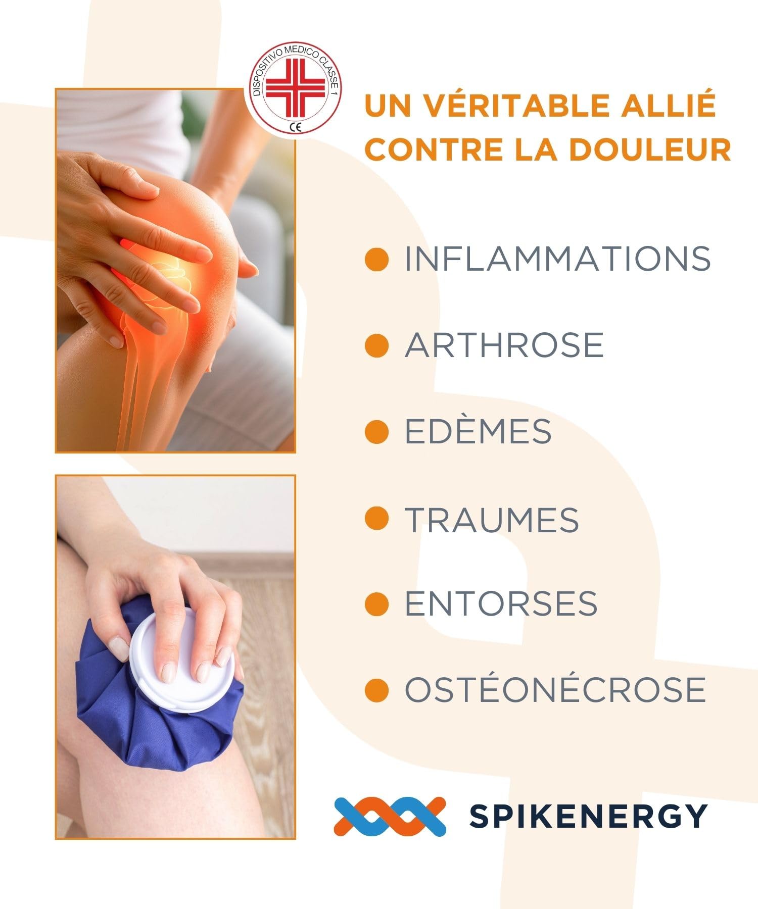 Spikenergy Genouillere Arthrose Genou Électromagnétothérapie - Pour l'Arthrite, Les Entorses, Les Tendinites, Ligamentaire, Dispositif Médical Déductible - Made in Italy, Beige, L