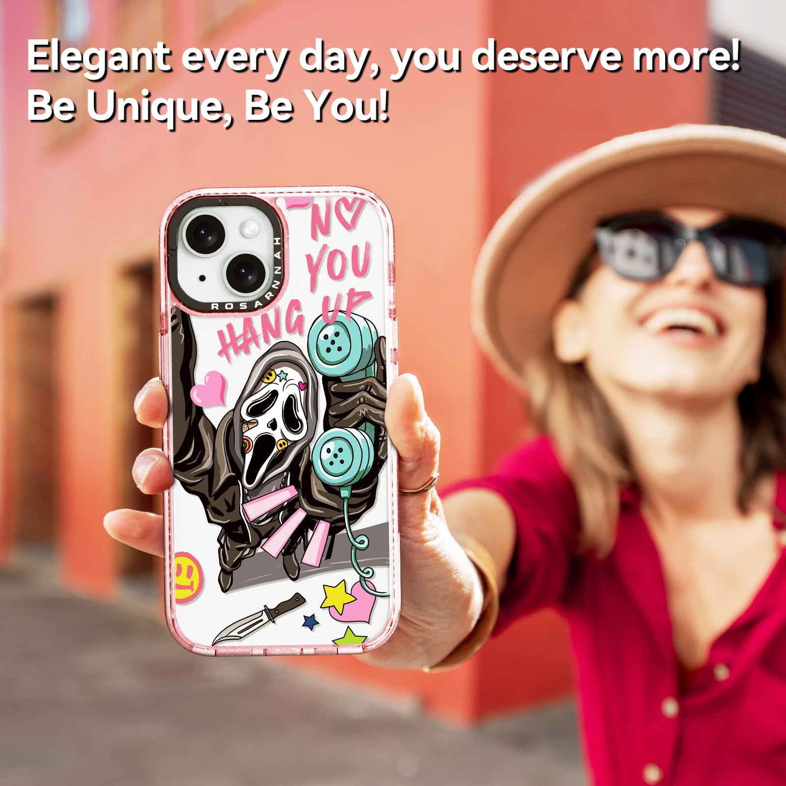 Rosarnnah Bonita funda compatible con iPhone 15, duradera, a prueba de golpes, caída de 6.5 pies, divertido diseño de esqueleto de grito de Halloween para iPhone 15 de 6.1 pulgadas, rosa brillante