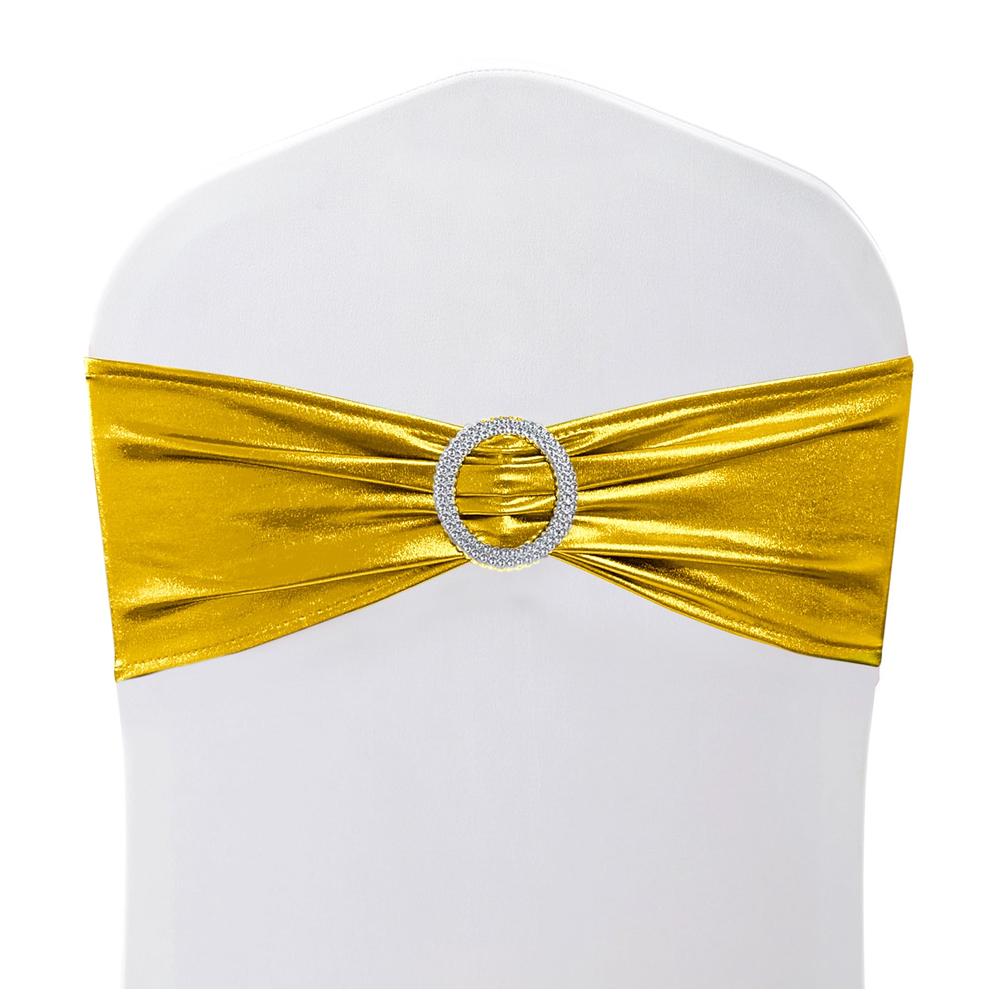 Trimming Shop Shiny Polyester & Spandex Chair Bands with Slider Buckle – Stretchy Fabric Chair Sashes, Elastic Wedding Chair Bands & Party Decorations, Gold, 100pcs — image 1