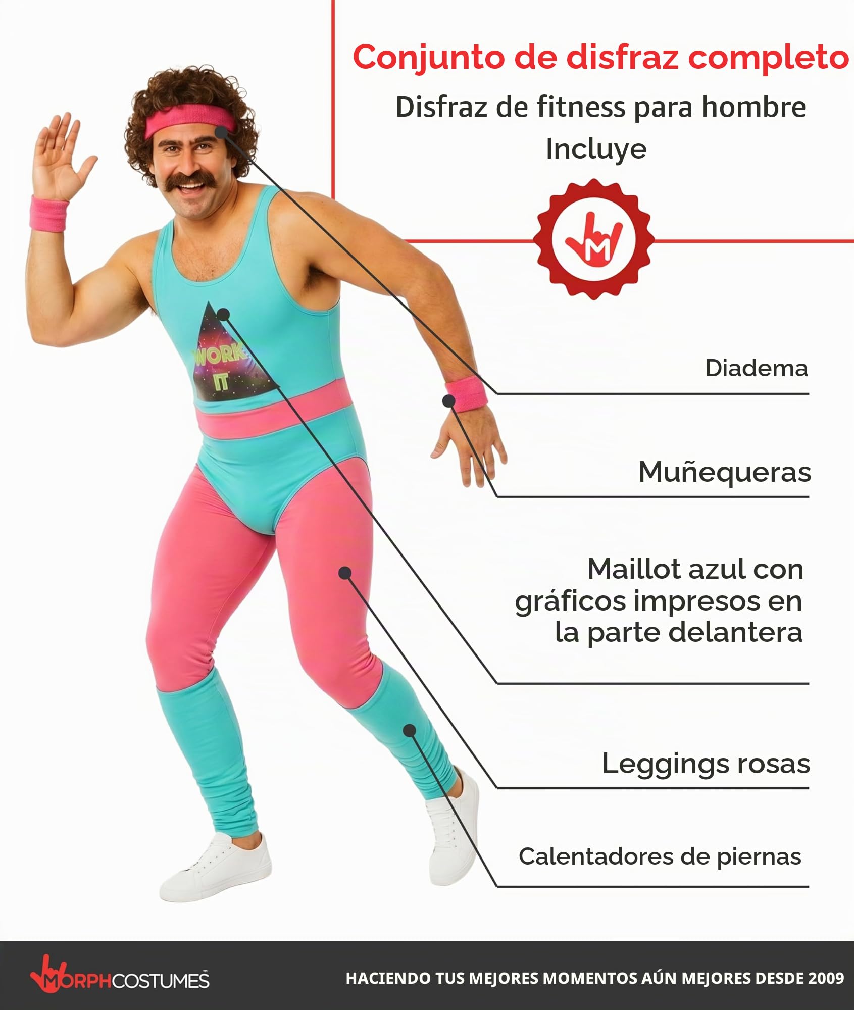 Fun Shack Disfraz Aerobic Años 80 Adulto,Disfraces Años 80 Adulto, Despedida Soltero, Disfraz Hombre Carnaval