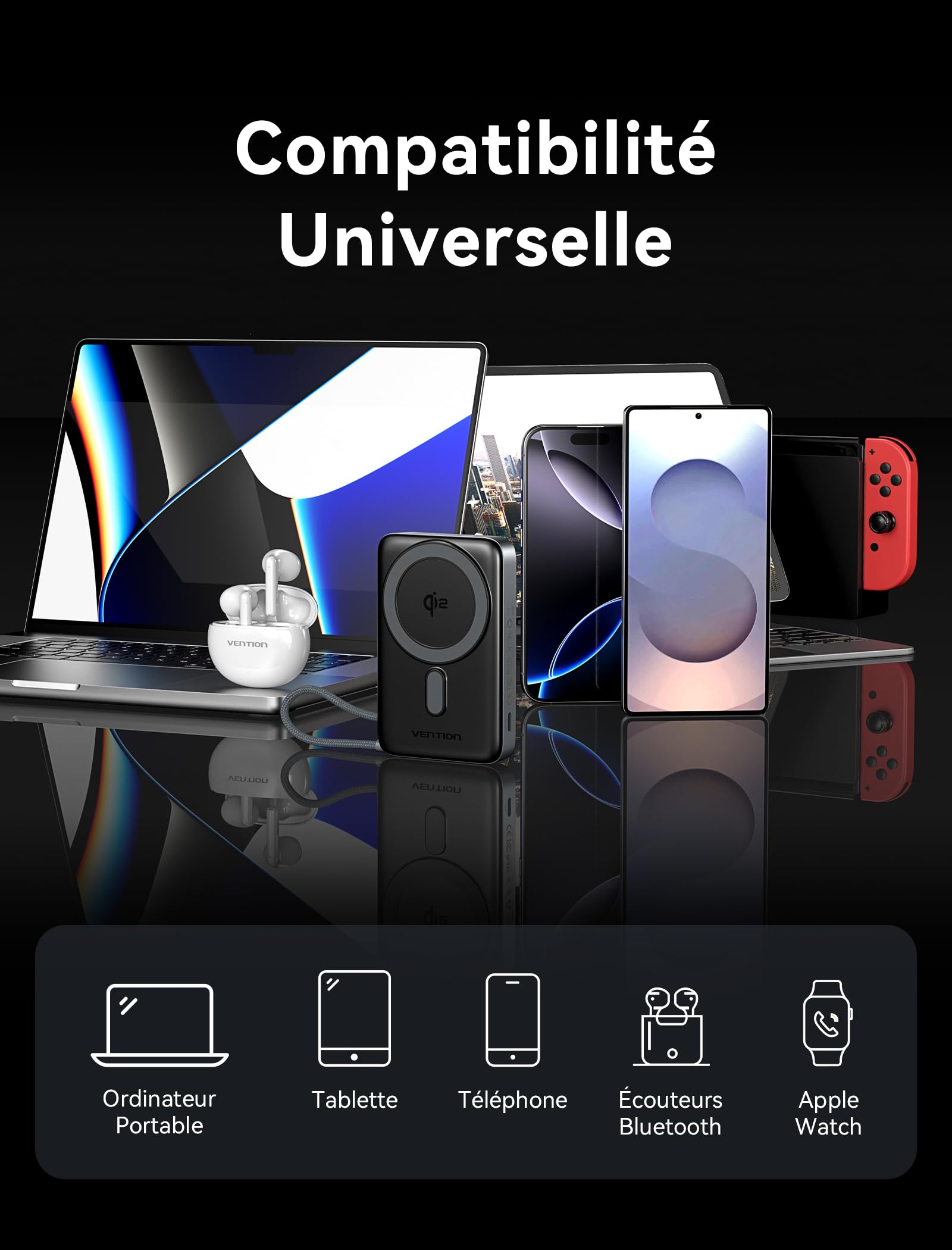 VENTION Qi2 15W Batterie Externe 10000mAh PD35W Charge Rapide Compatible MagSafe pour iPhone 17/16/15/14/13/12 Plus/Pro/Max, Powerbank Magnétique avec Affichage LED et Support Pliable
