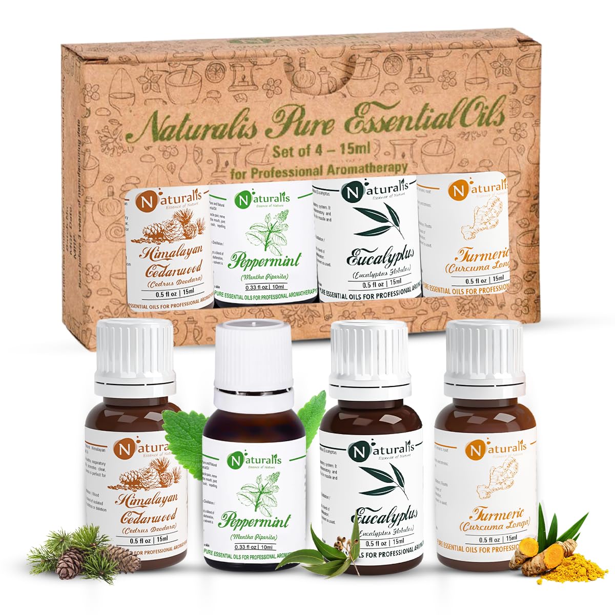 Naturalis Eucalyptus Oil - Cedar Wood, Turmeric and Peppermint Oil - Pure & Natural for Aromatherapy, Skin Care & Relaxation - 15ml Each, Pack of 4