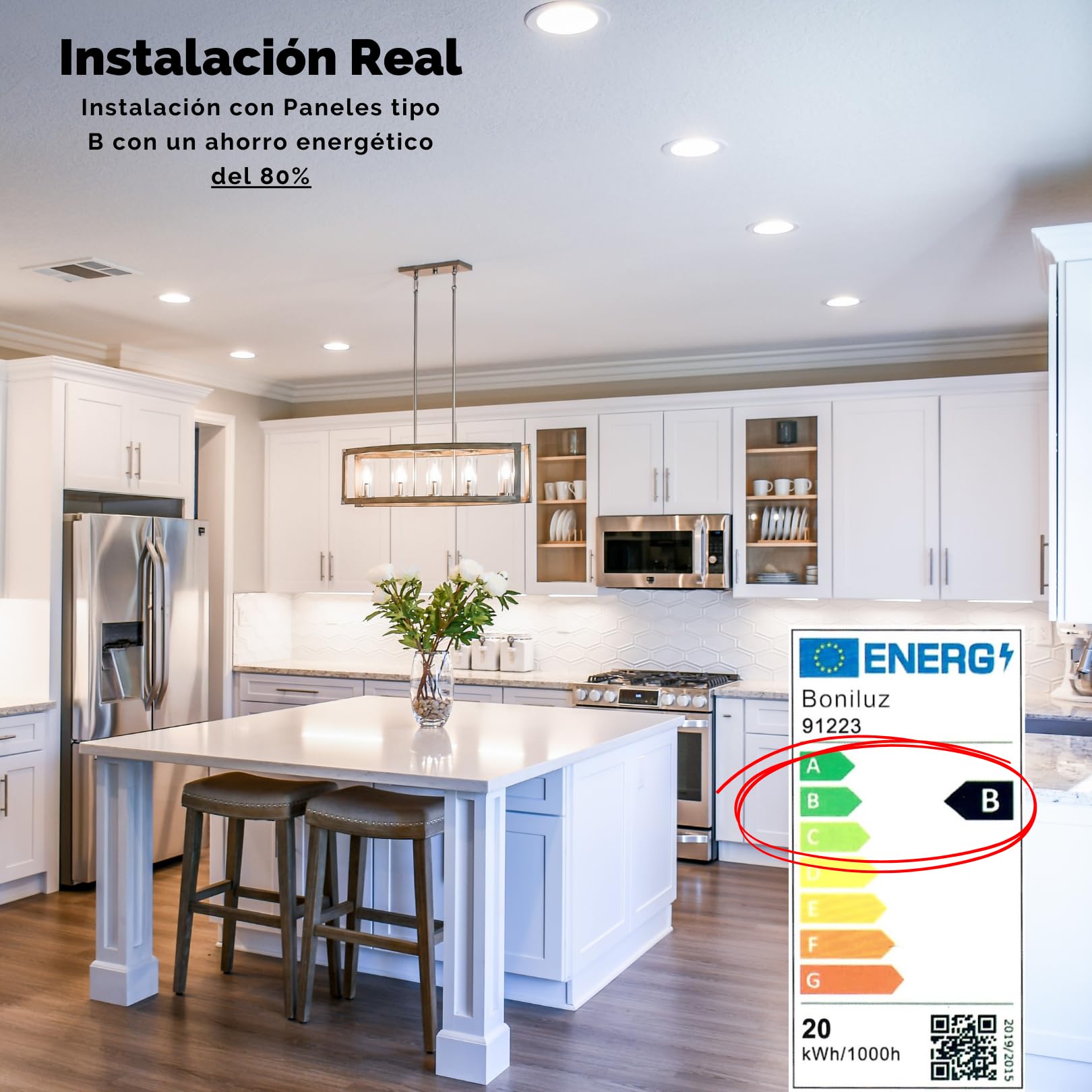 QWell® - 5 X Panel Downlight LED Redondo 20W | 20 cm. | 2200 LM 6000K | Extraplano Empotrar en Techo | Eficiencia Energética Clase B | Vida útil 50,000 Hrs | Driver Incluido