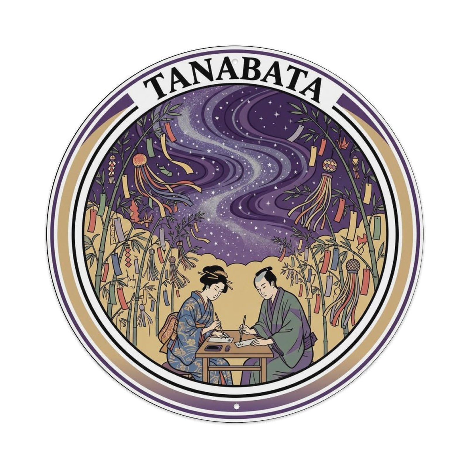 Tanabata Festival Woodblock Purple Silver Japan Metal Tin Sign