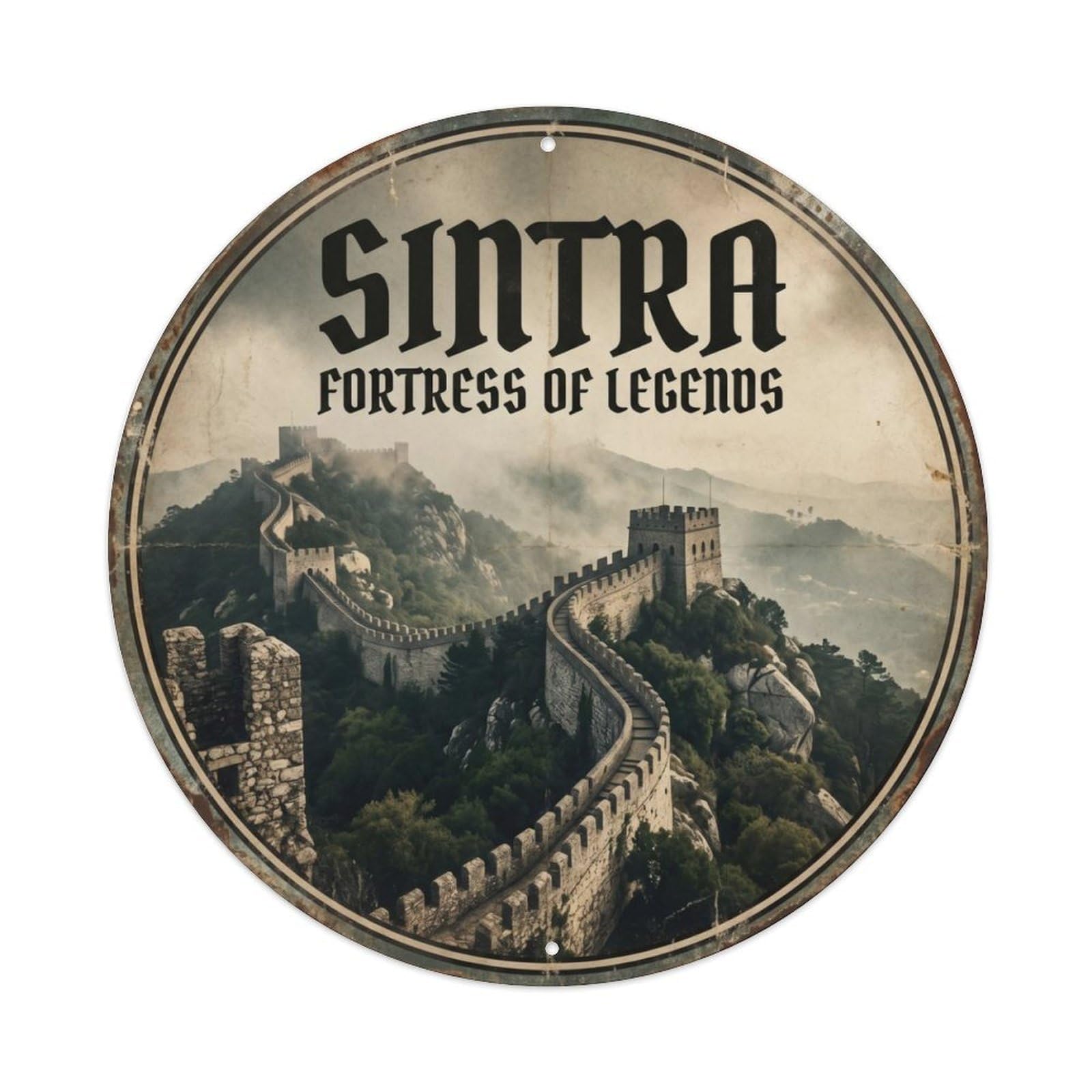 Vintage Travel Moorish Castle Sintra Metal Tin Sign Plaque Wall Decor for Cafe, Club, Garden Round Metal Poster 8x8Inch