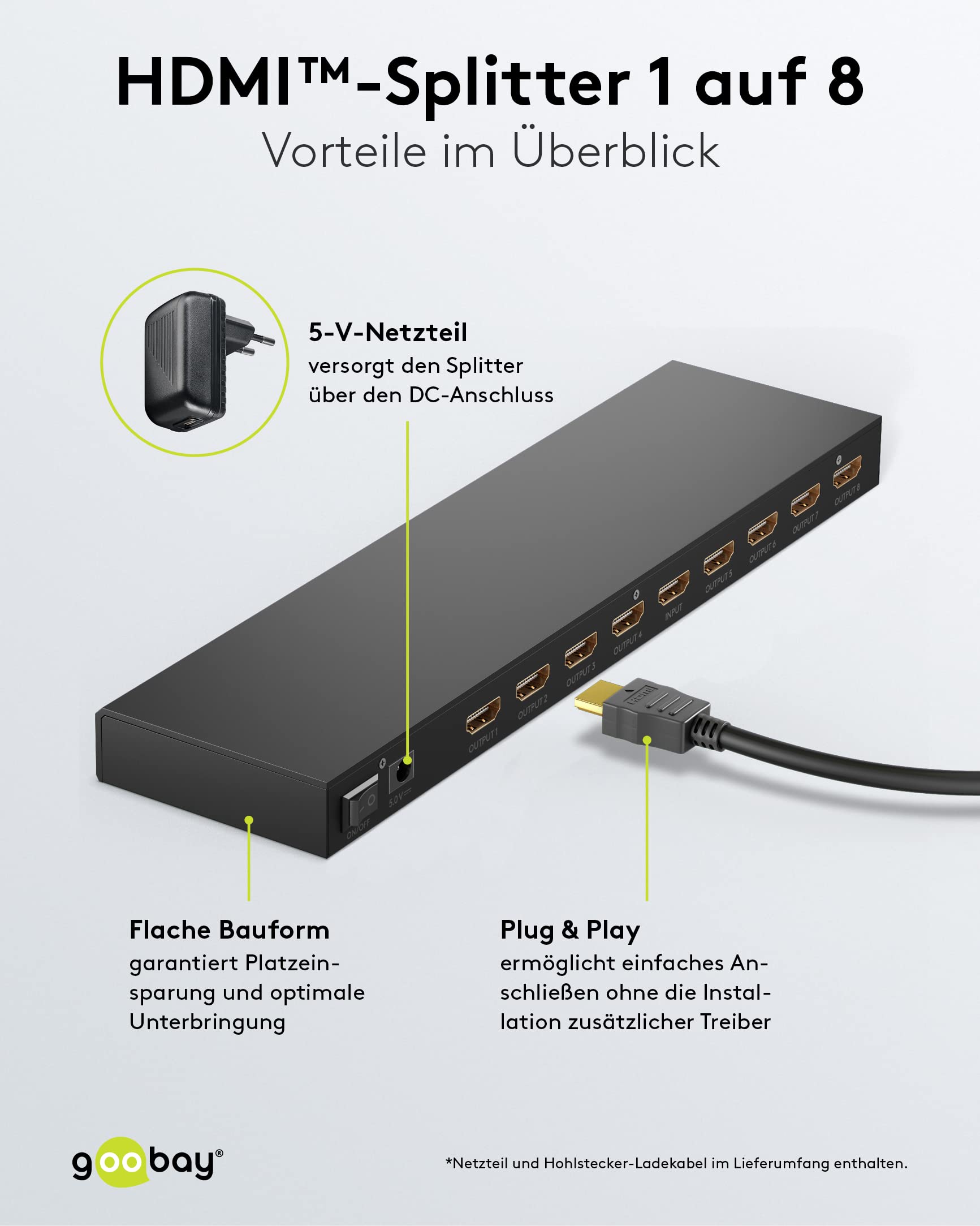 goobay Divisor HDMI 1 a 8/ Compatible con resoluciones de hasta 4 K a 60 Hz, 1 señal de Entrada HDMI a hasta 8 Salidas como TV, Monitor, proyector, PS5 y Xbox/Negro - 58484
