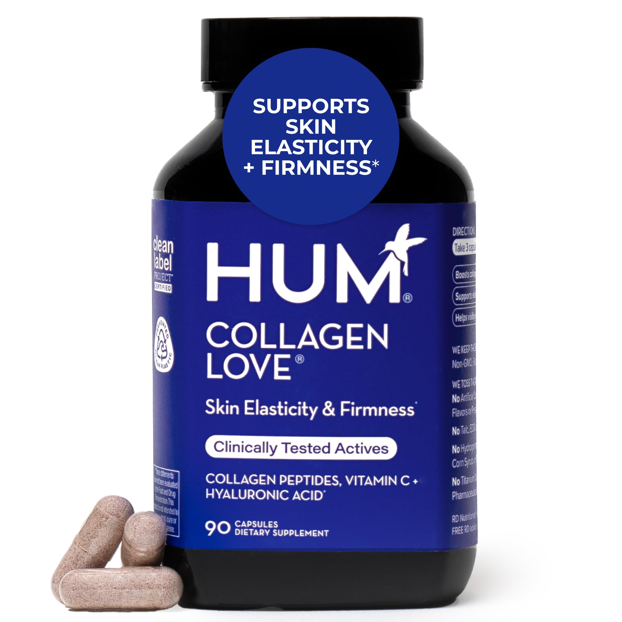 HUMCollagen Love Skin Supplement, Collagen Peptides Capsules with Hyaluronic Acid & Vitamin C, Supports Firm Skin & Helps Minimize Signs of Aging, Supplements for Women and Men, 90 Capsules