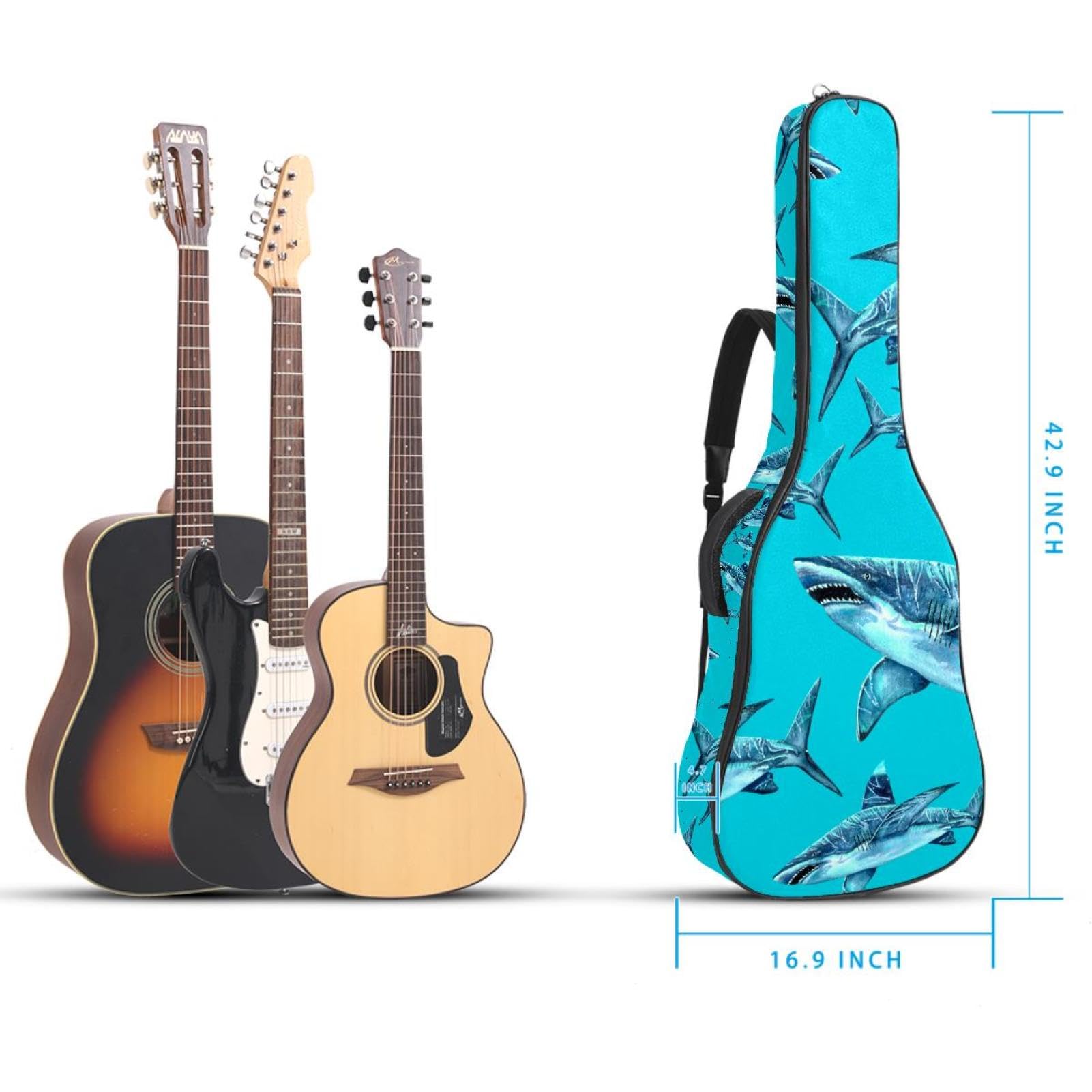 Torba na gitarę akustyczną Wodoodporny plecak na gitarę Gruby miękki wyściełany Shark Klasyczna obudowa na gitarę, wielobarwny, 42.9x16.9x4.7 in, Organizer do torby