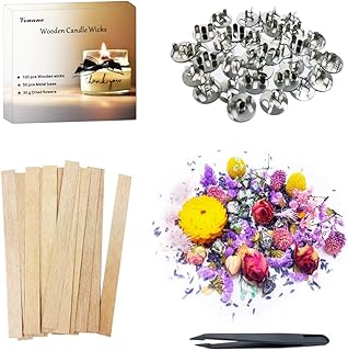 Vonane 50 Pcs Double Wood Chips Candle Wicks. Natural Wood Wicks for Candle Making. Candle Making Set Include Wooden Candle Wicks(5.1 X 0.5 Inches), Dry Flowers(About 30g), and Tweezers