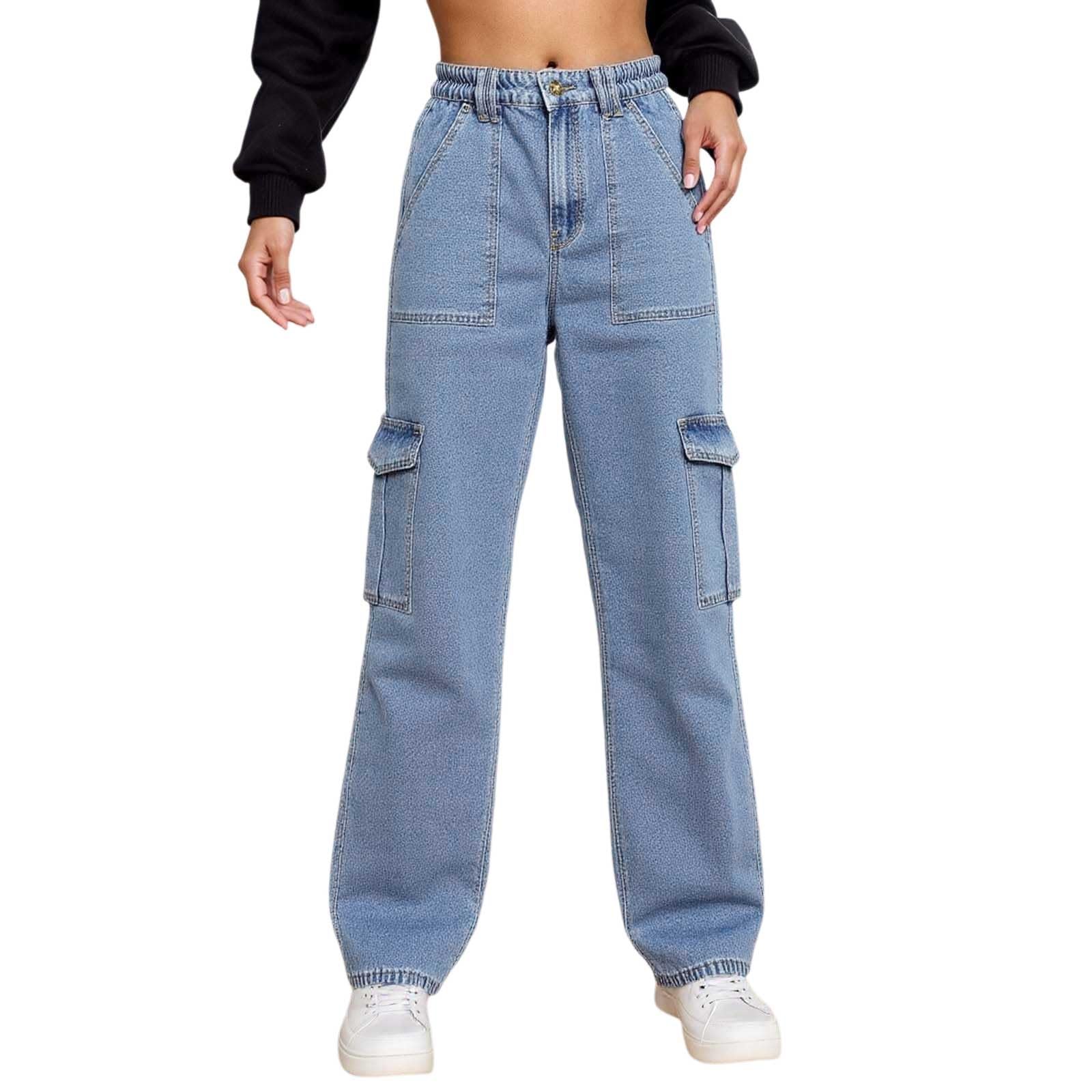 Generisch Jeans Damen Baggy Cargo-Jeans FüR Damen Mit Hoher Taille Und Geradem Weitem Bein FüR LäSsige Streetwear-Party Und Club-Outfits Mit ReißVerschluss Und Knopfverschluss Vorne
