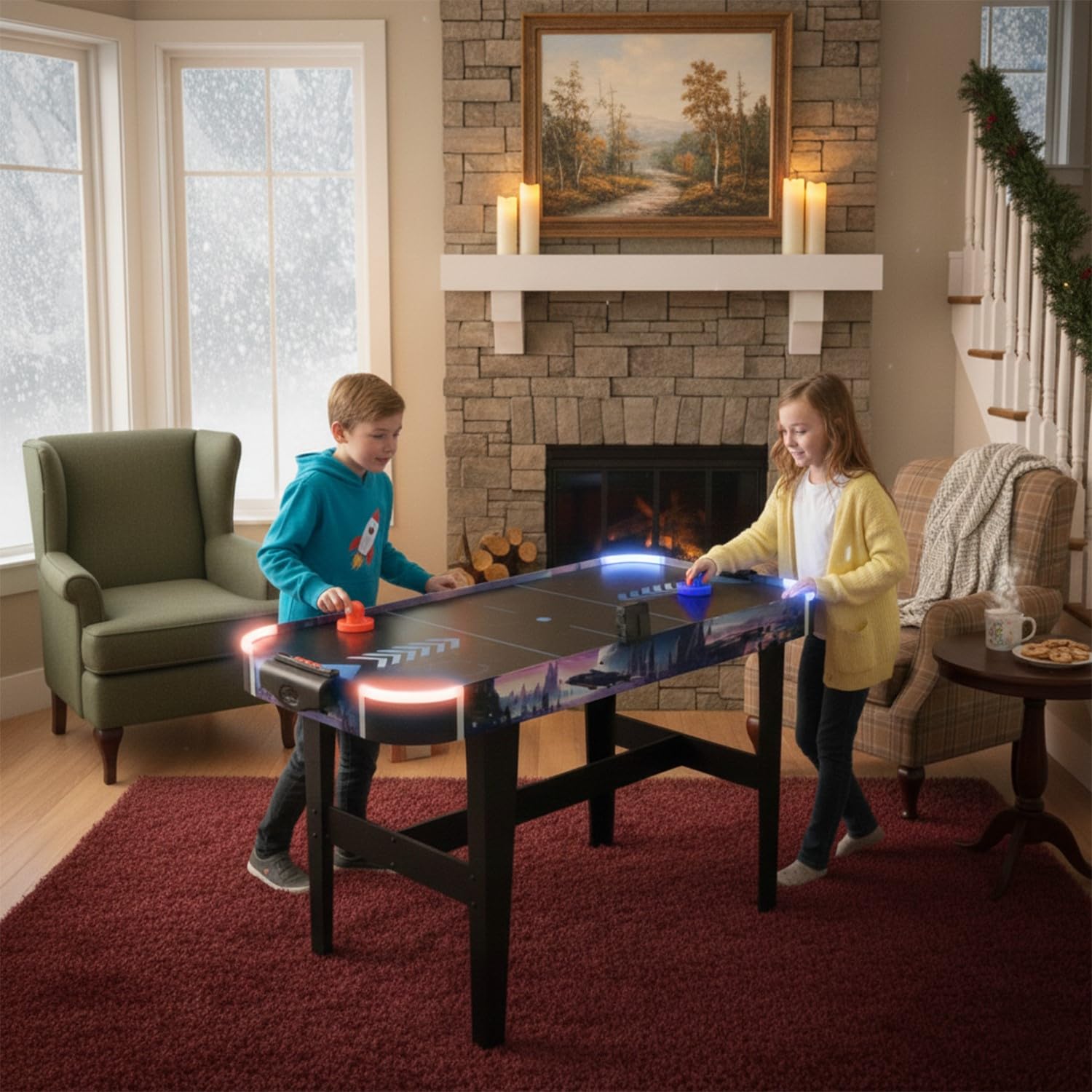 LED-Airhockey Spieltisch von FASports, Air Hockey Kinder/Jugendliche ab 8 Jahren, Airhockey Spieltisch mit Luft inkl. leuchtende Pusher und Pucks