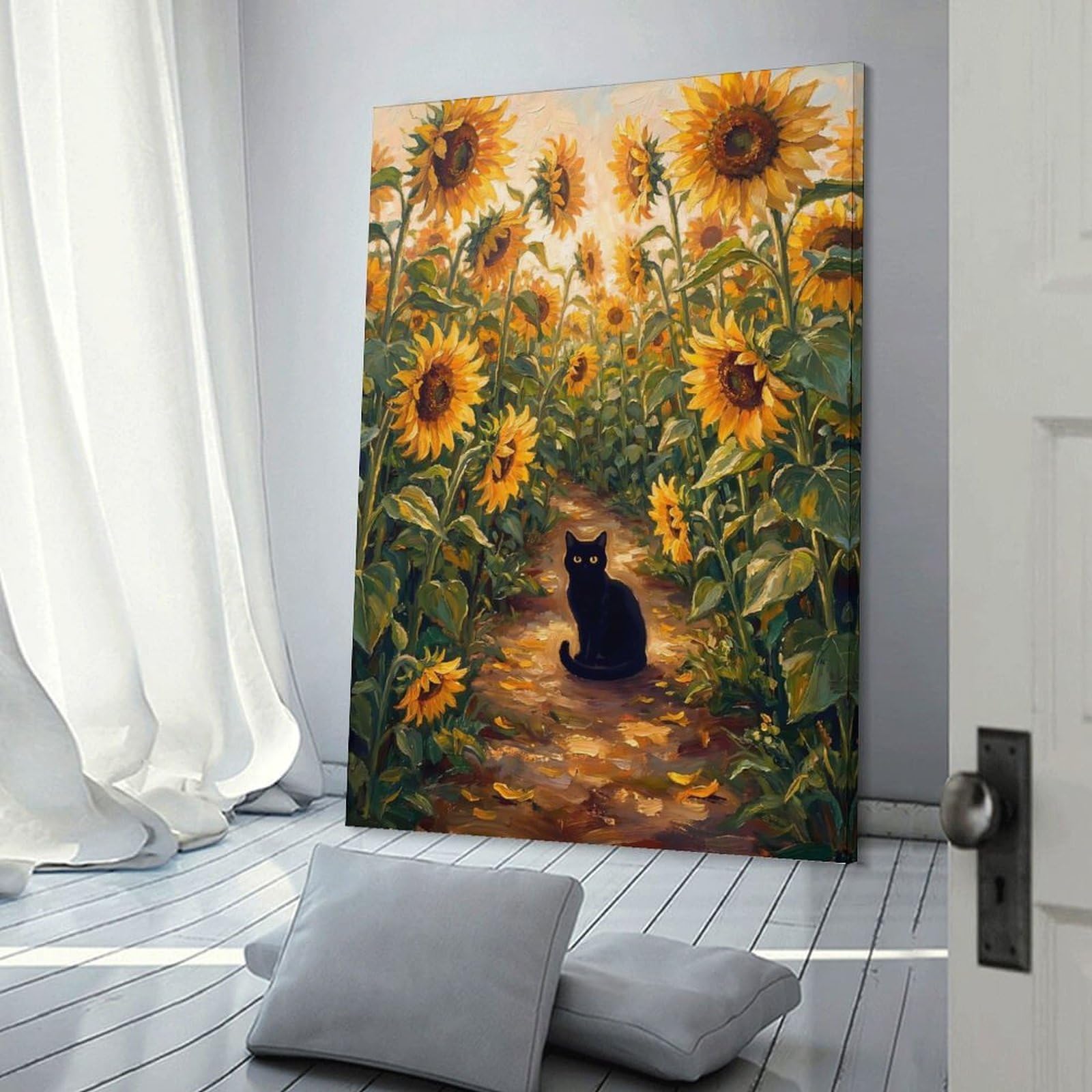 Junmoney Black Cat in A Sunflower Field Home Decor Wall Art 12x18inch(30x45cm), for Hallway, Bedroom Or Modern Interiors, Canvas Artwork with Gifting Potential