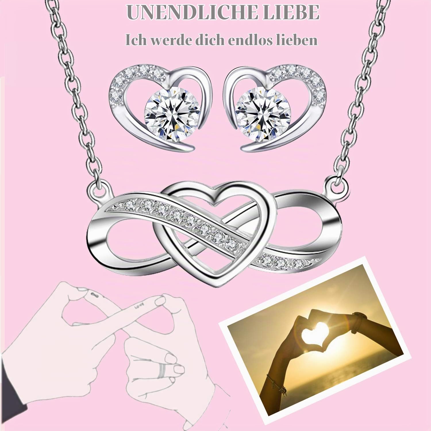 Schmuckset Silber 925 Damen,Halskette Unendlichkeit,Herz Ohrringe,Geschenke für Frauen