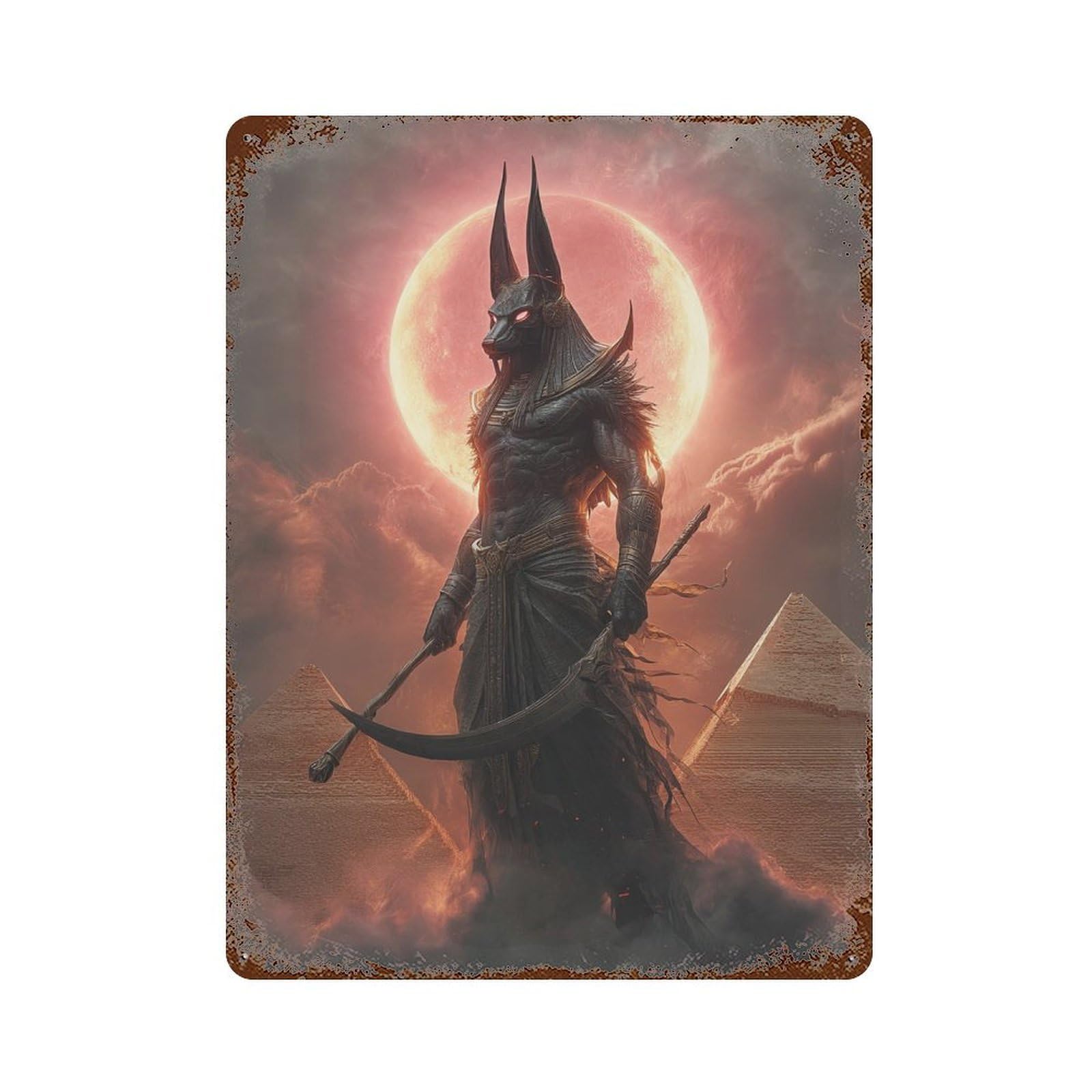 Distressed Metal Wall Sign Egyptian God Anubis Art 15.7"x11.8", Old School Wall Decor for Bistro, Counter And Cafe Decor