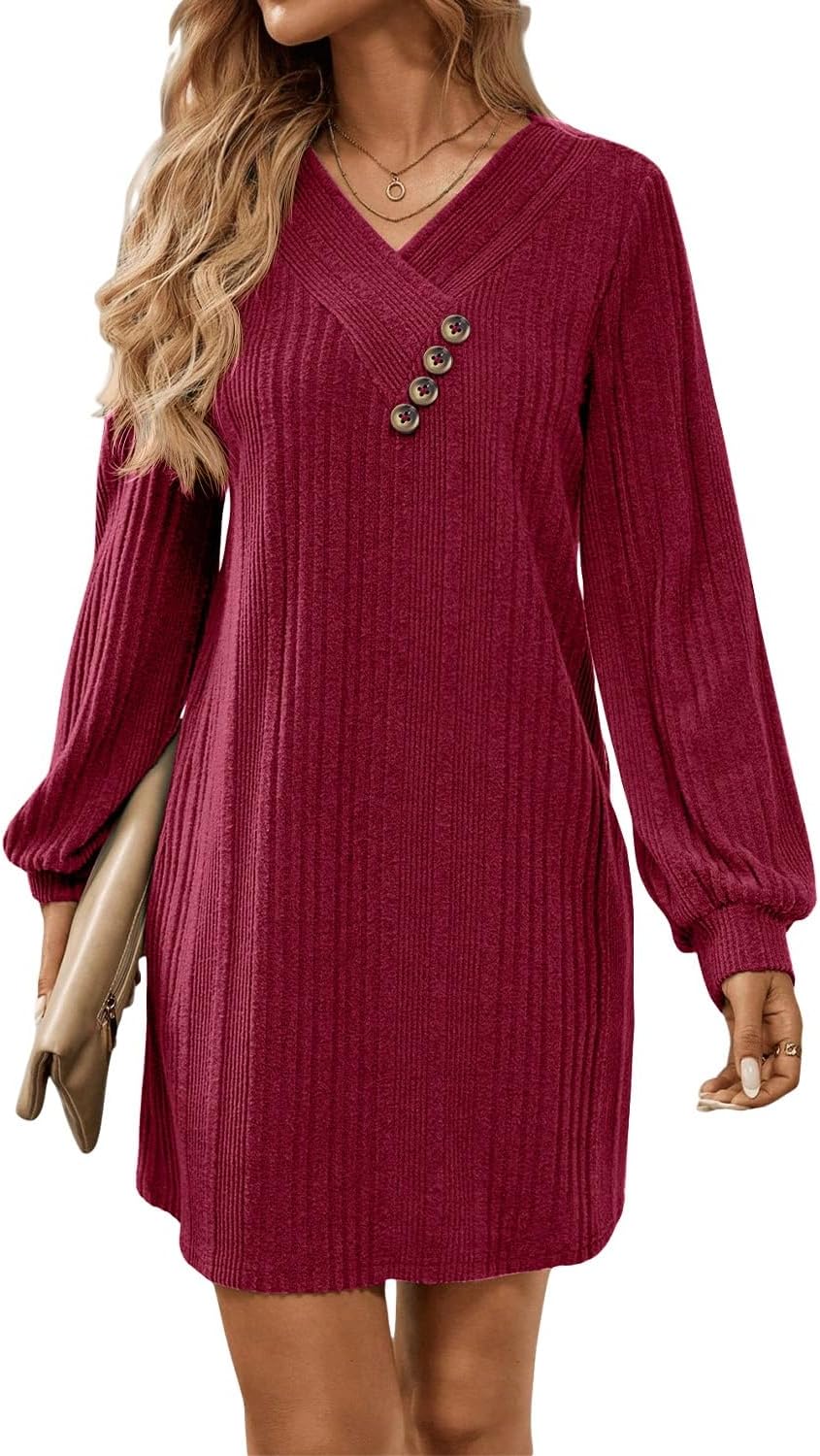 BLENCOT Womens Casual Knit Sweater Dress Long Sleeve V Neck Button Stretch Tunic Fall Knee Length Dresses Pockets - Image 2