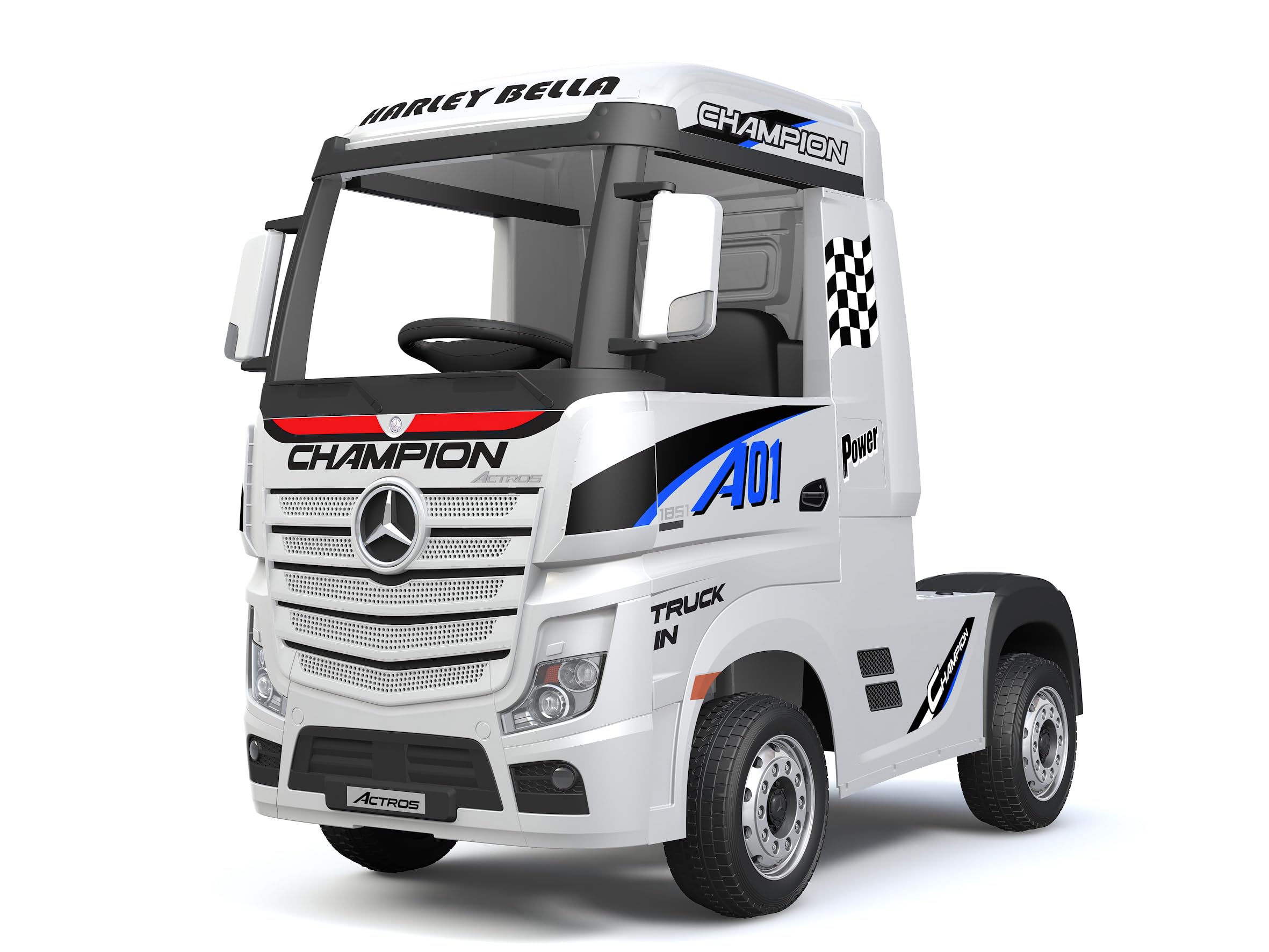 FINOOS Camion électrique Enfant Mercedes Actros 12V 4x4 Camion Voiture électrique Enfant avec télécommande 2.4Ghz, 4 x Moteur 12V 45W, Batterie: 2x12V, 1-5 Ans (Blanc)