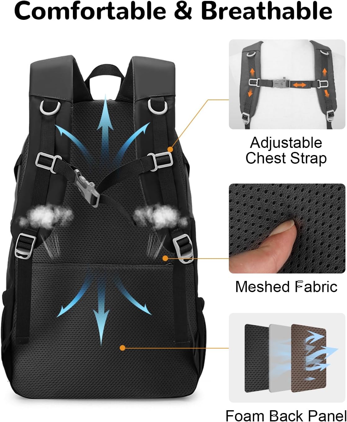 30L Waterproof Hiking Backpack with Chest Strap for Men, Lightweight Outdoor Backpack, Black